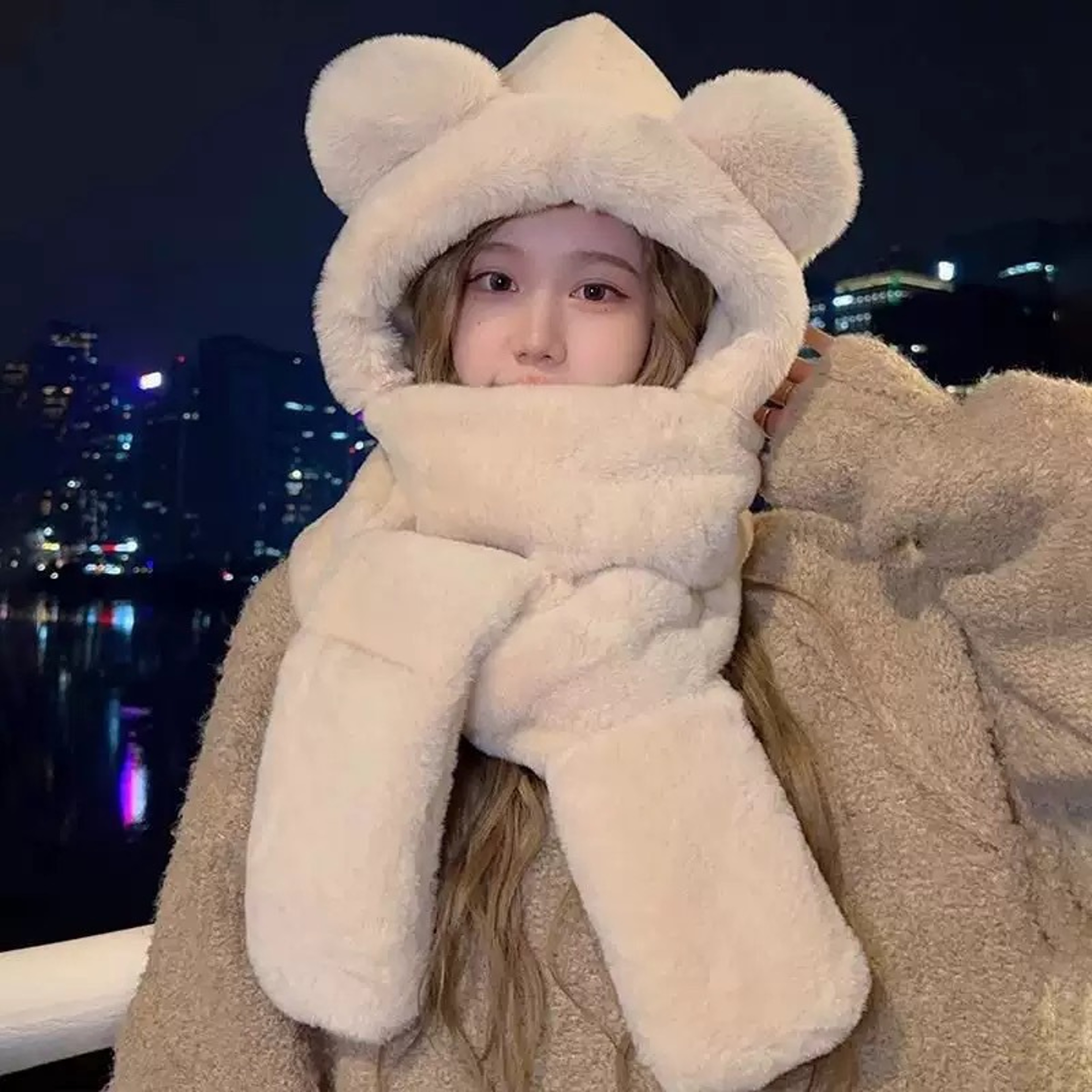 Winter Warm Plush Fleece Bear Ear Hooded Cap Scarf  Gloves Set Windproof Outdoor Accessories For Co 4
