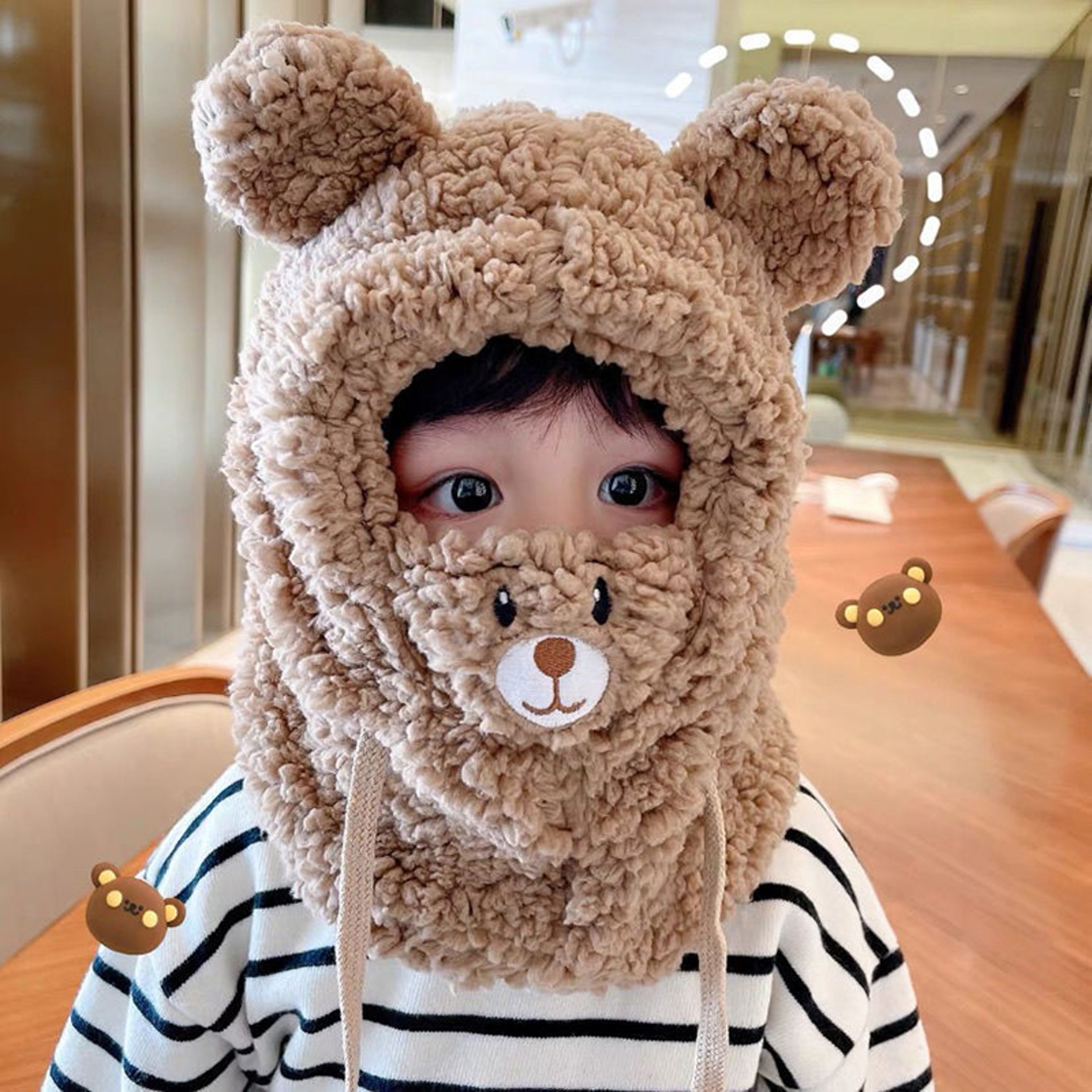 Plush Hat Autumn Winter Double Fleece Warmth Little Bear Hat Cute Children Cartoon Scarf Hood Cap B 3