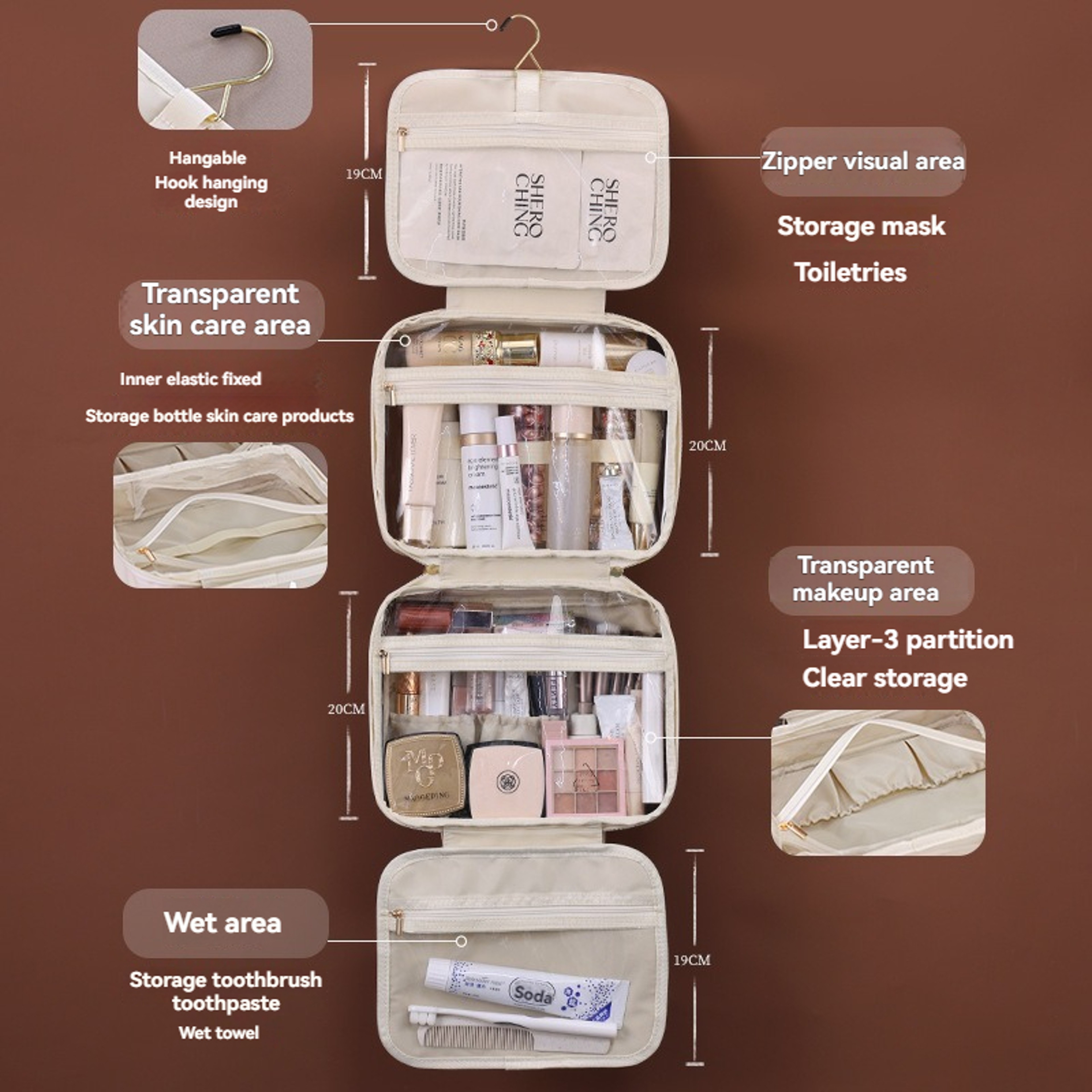Leather Hanging Cosmetic Bag for Women, Portable Storage Makeup Organizer, Large Capacity Travel Toiletry Storage Bag – view 2