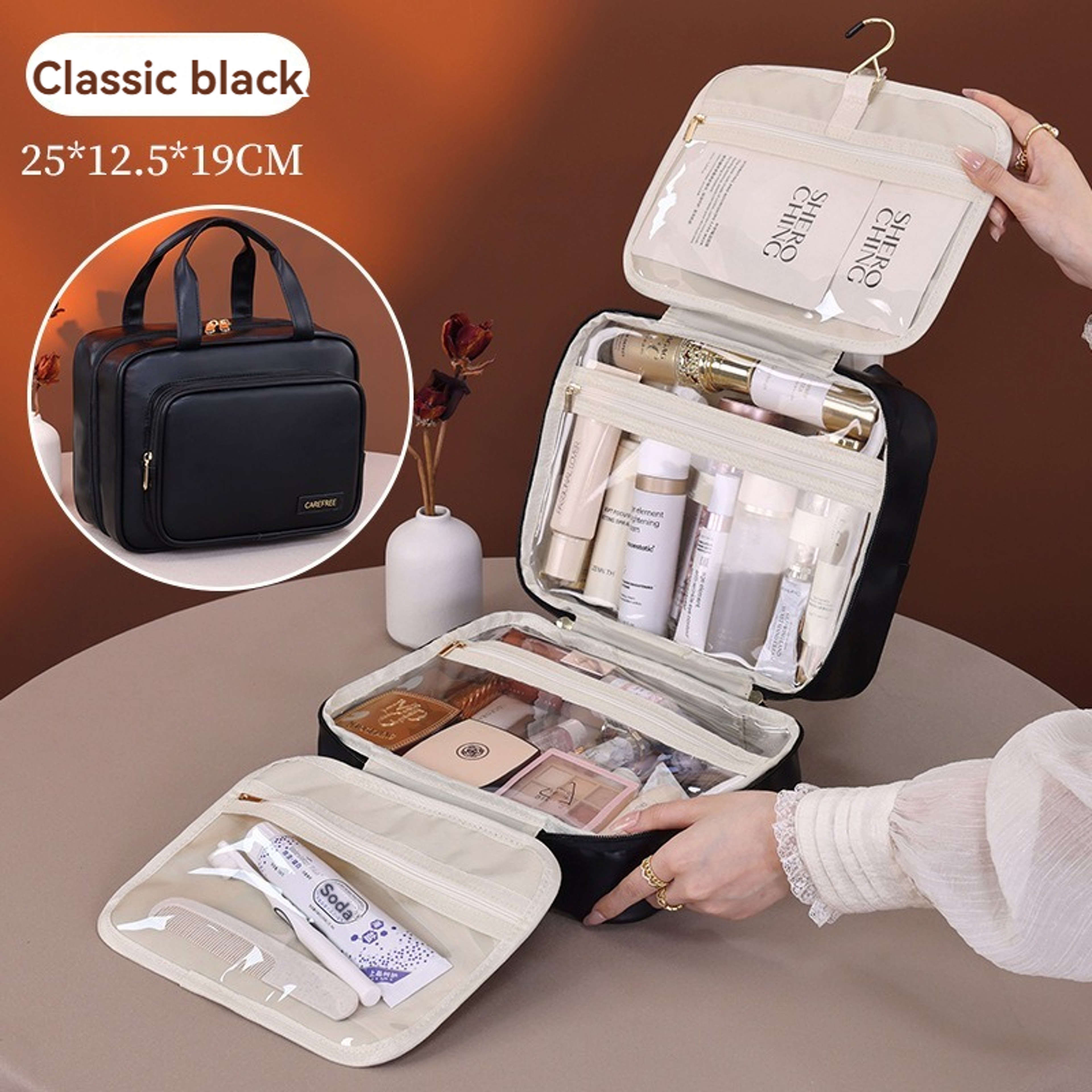 Leather Hanging Cosmetic Bag for Women, Portable Storage Makeup Organizer, Large Capacity Travel Toiletry Storage Bag – view 9