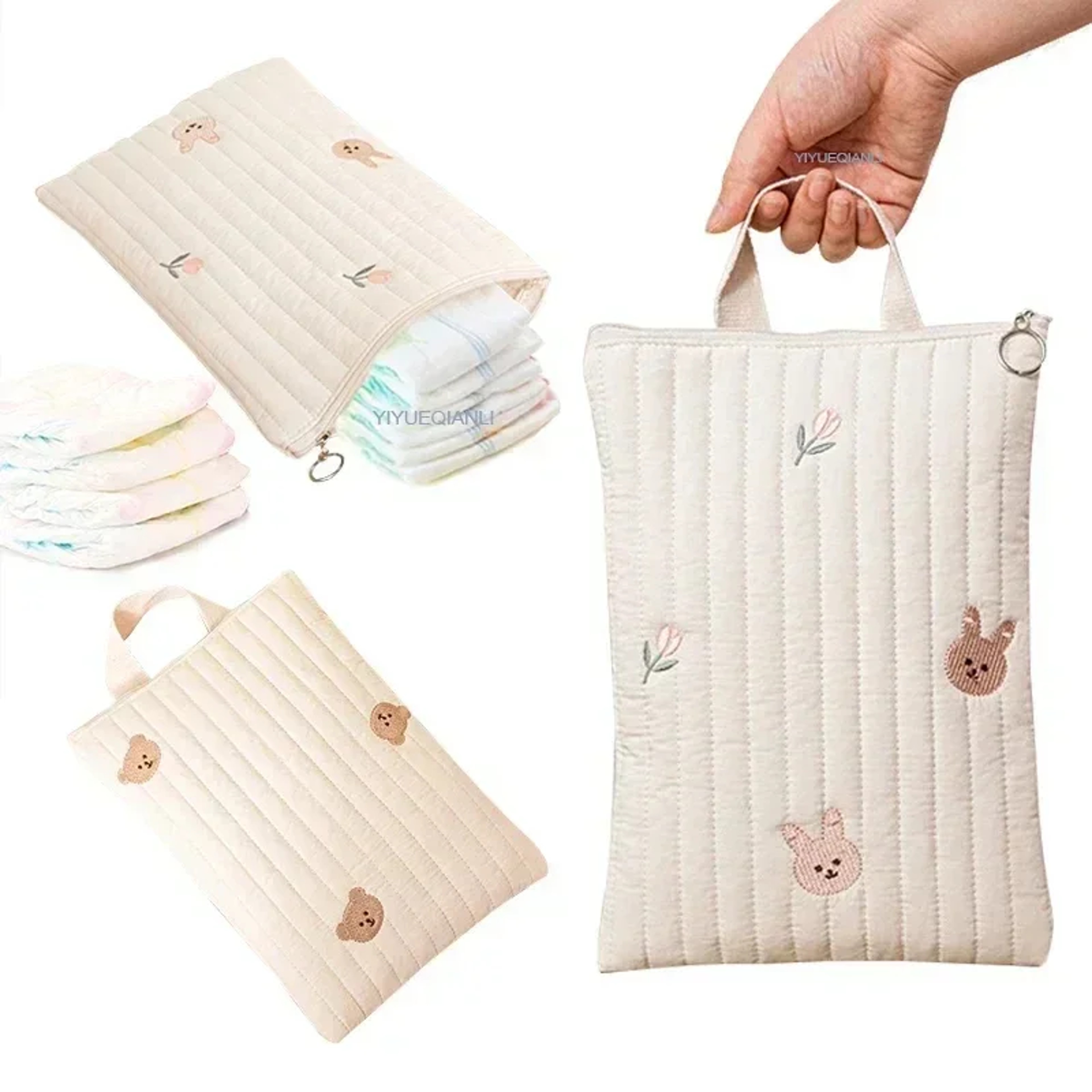 Cotton Baby Diaper Bag, Nappy Pouch, Travel Stroller Storage, Cute Bear Embroidery Mommy Handbag – view 1