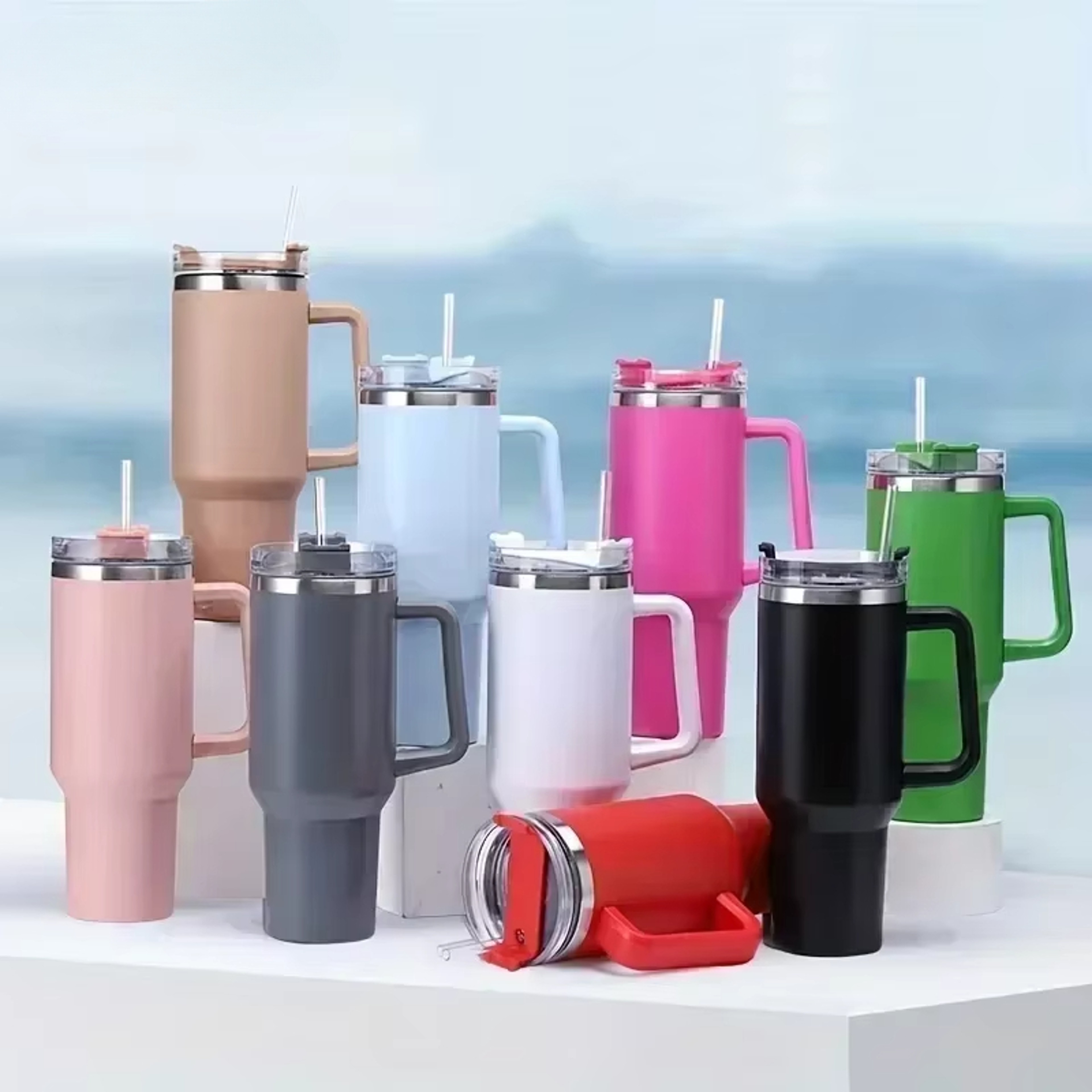 Insulated Tumbler With Handle And Straw Double Wall Thermal Iced Travel Mug Car And Outdoor Use 0