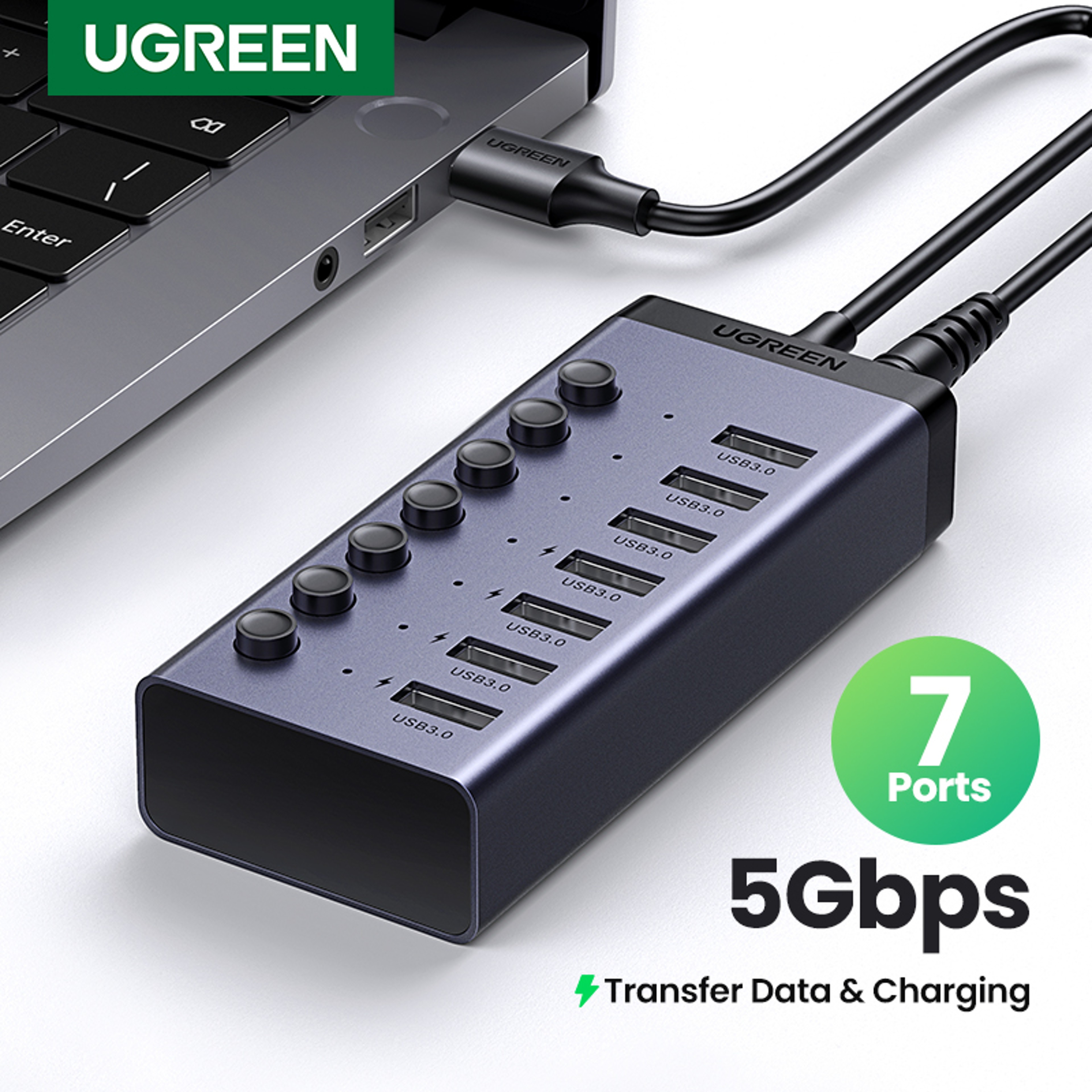 USB Splitter Power Adaptor, Individual Switch USB Ports Extender for PC Laptop – view 1