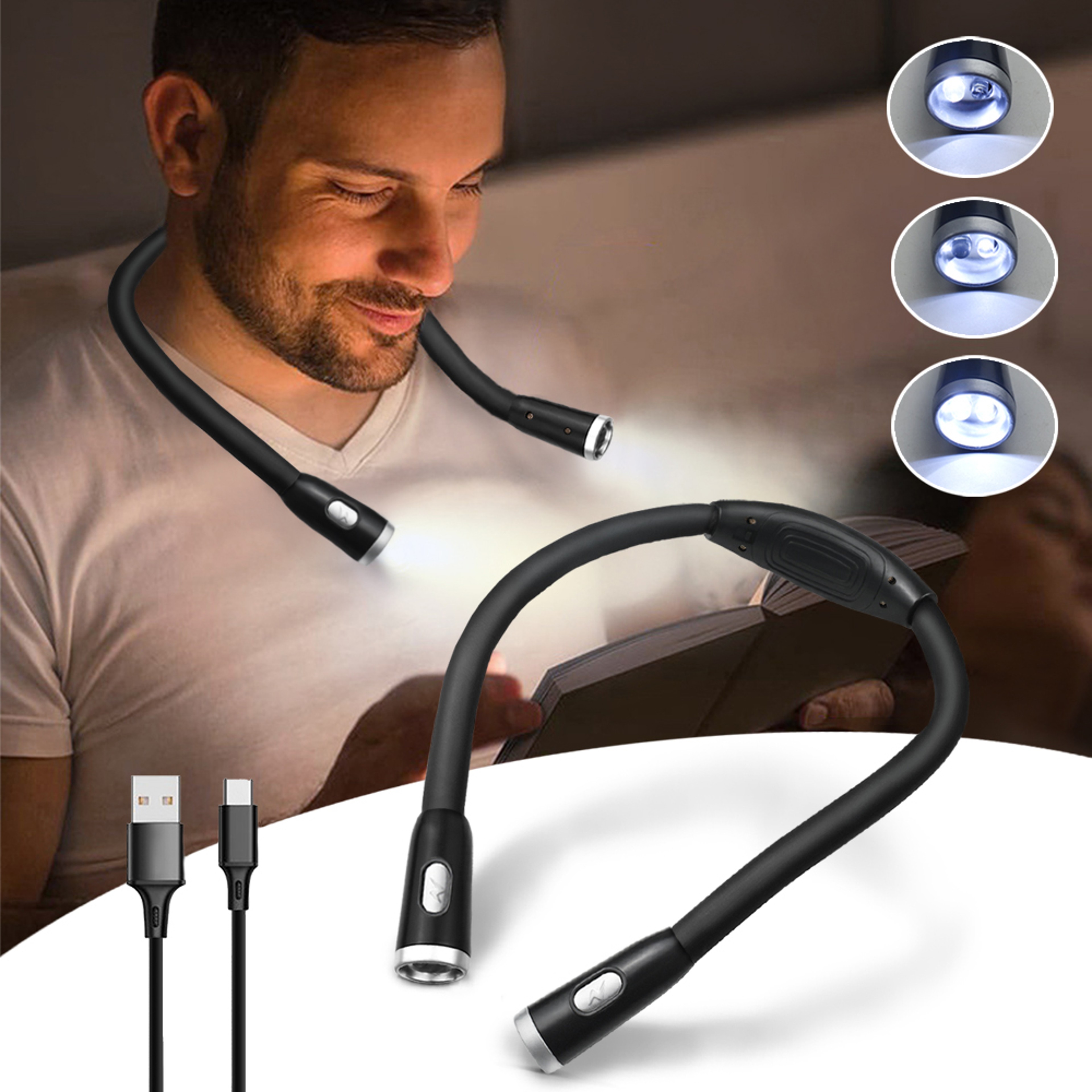 USB Rechargeable LED Neck Hanging Reading Light, Eye Protection Book Light for Night Reading, Running, Knitting – view 1