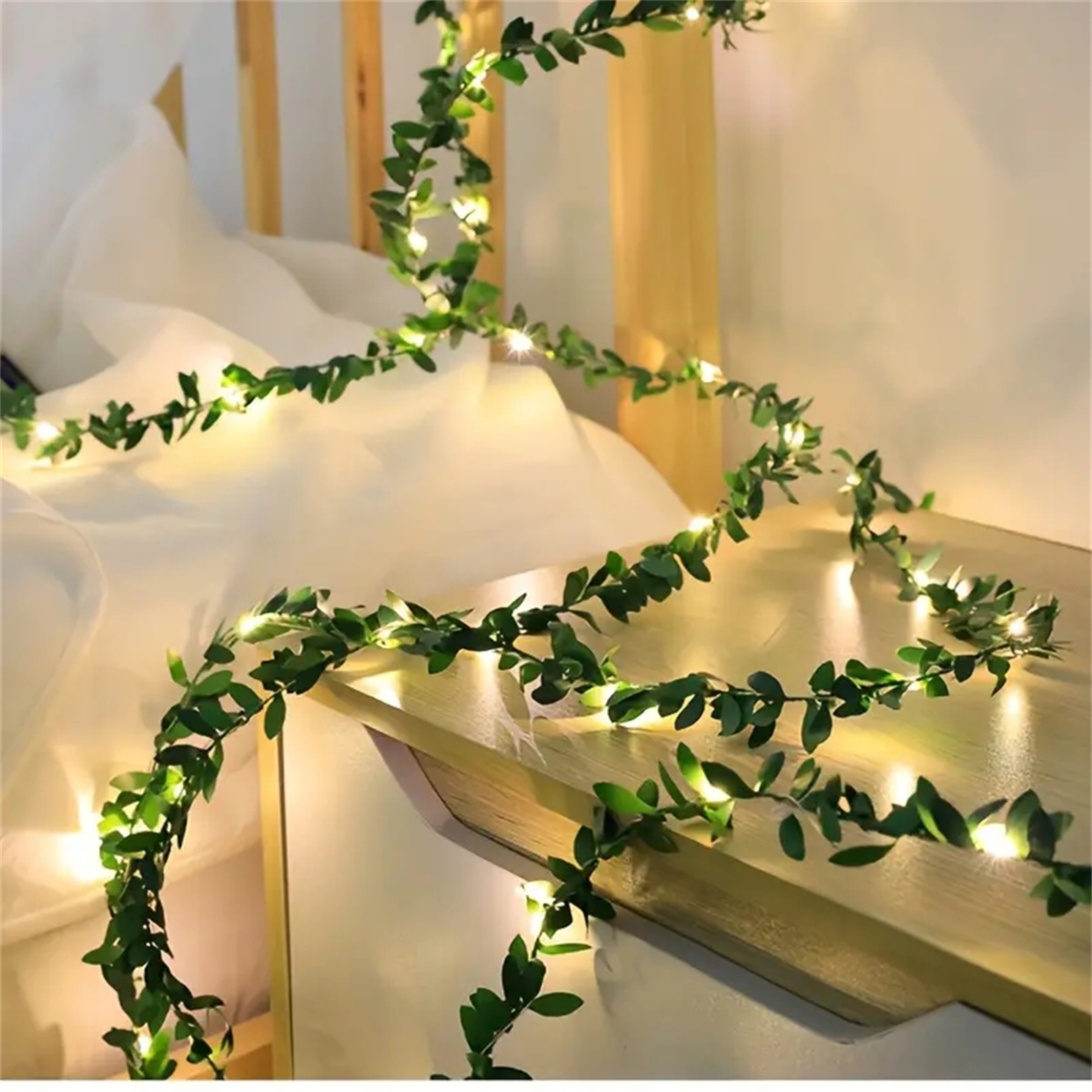 Green Leaf Wreath Light String, Artificial Flower with Fairy Lights for Party, Wedding, Holiday, and Courtyard – view 3