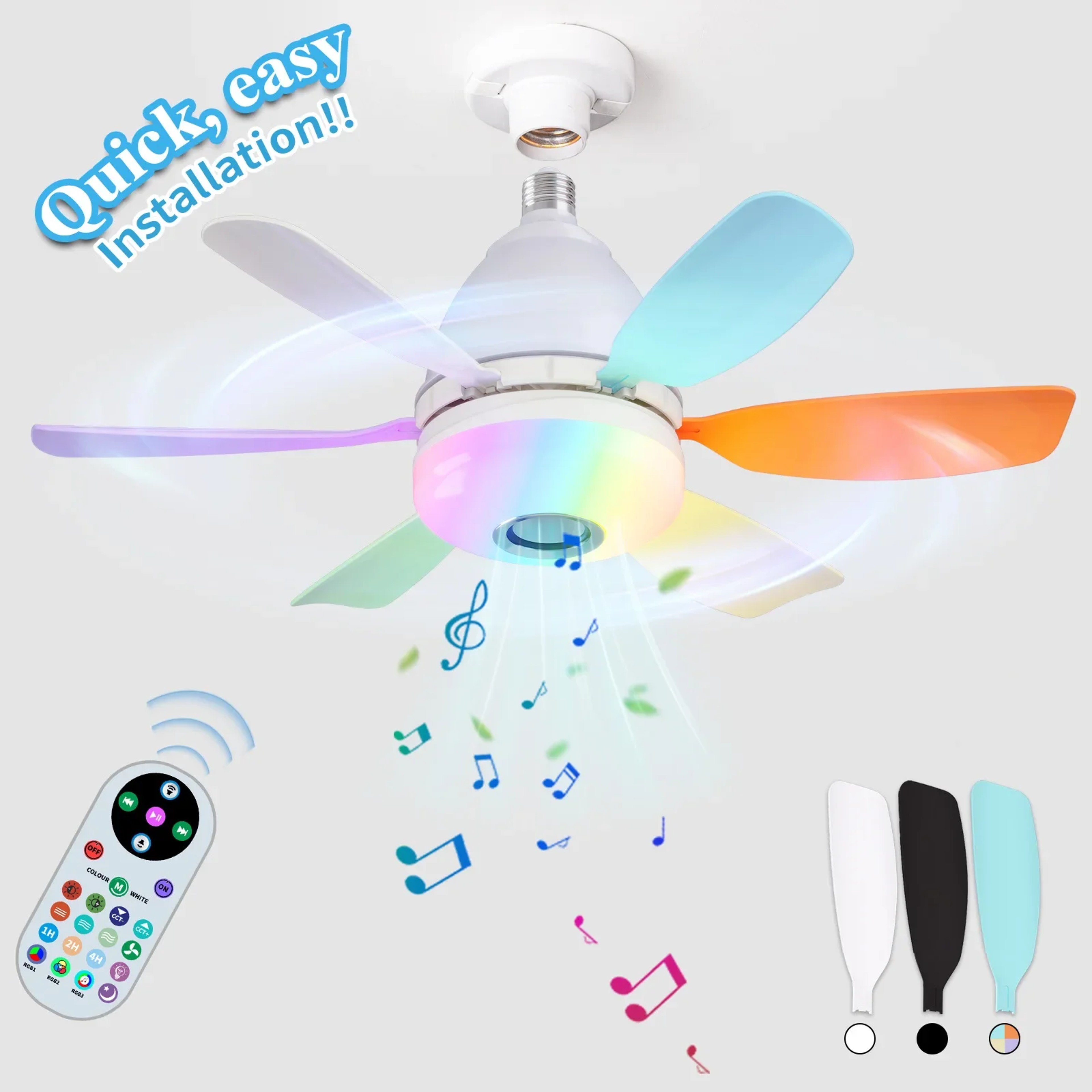 Noiseless Socket Fan Light With Remote Small Ceiling Fans Dimmable LED Light Bluetooth Speaker 2