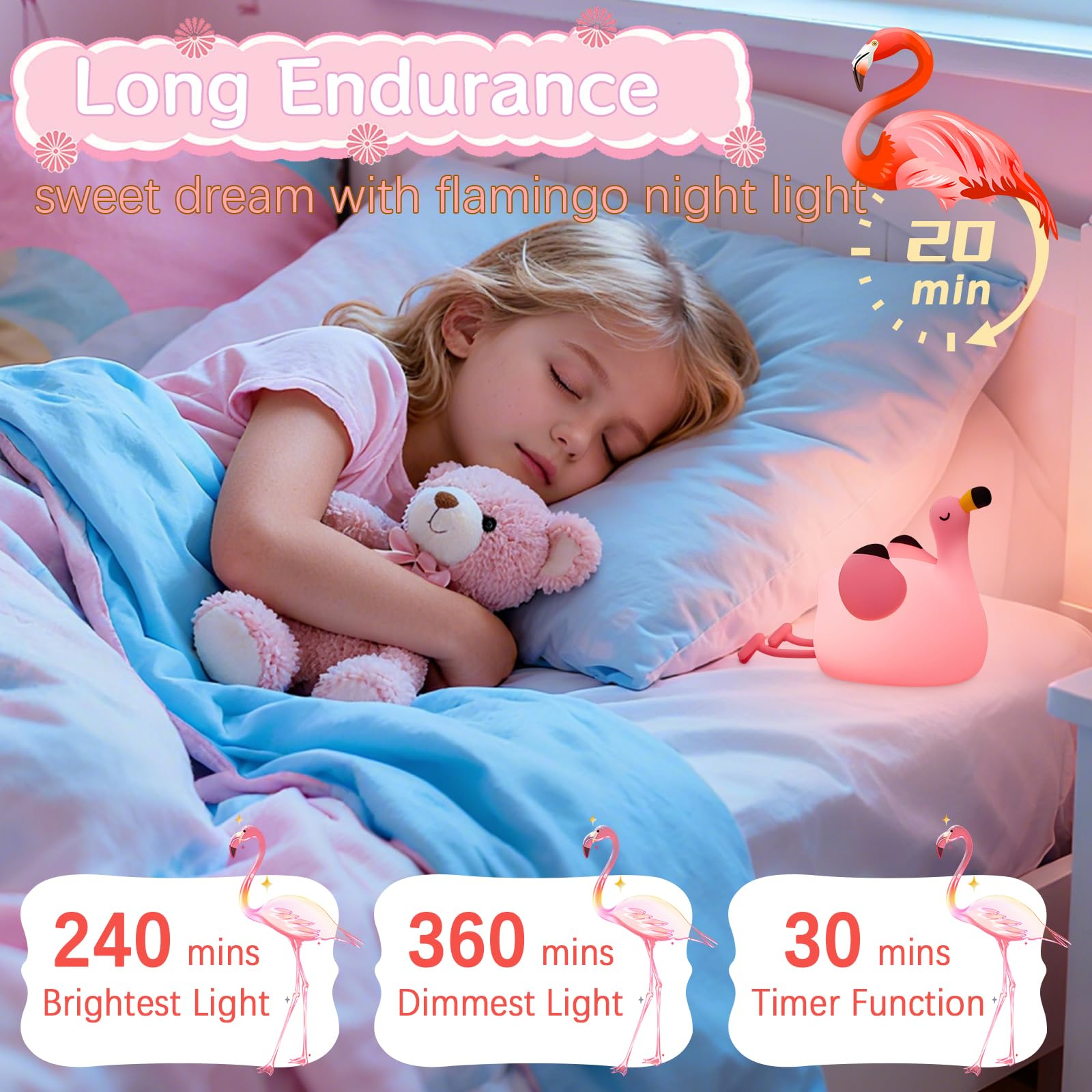 Pink Flamingo Night Light USB Rechargeable Dimmable Silicone Animal Night Lamp For Kids Room Bedroo 3