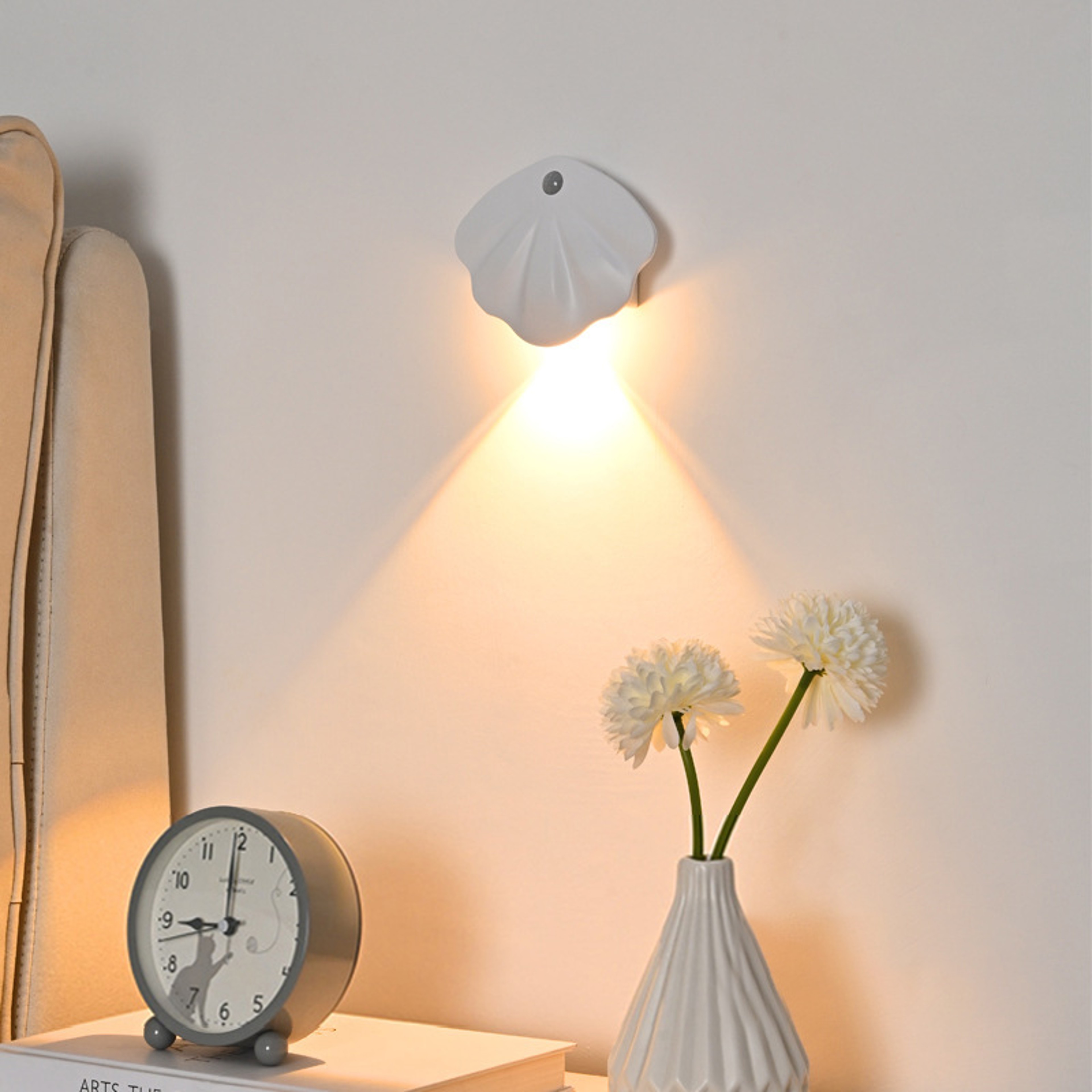 Rechargeable Night Light With Motion Sensor Wireless Magnetic Shell Shape Wall Lamp Dimming For Sta 0