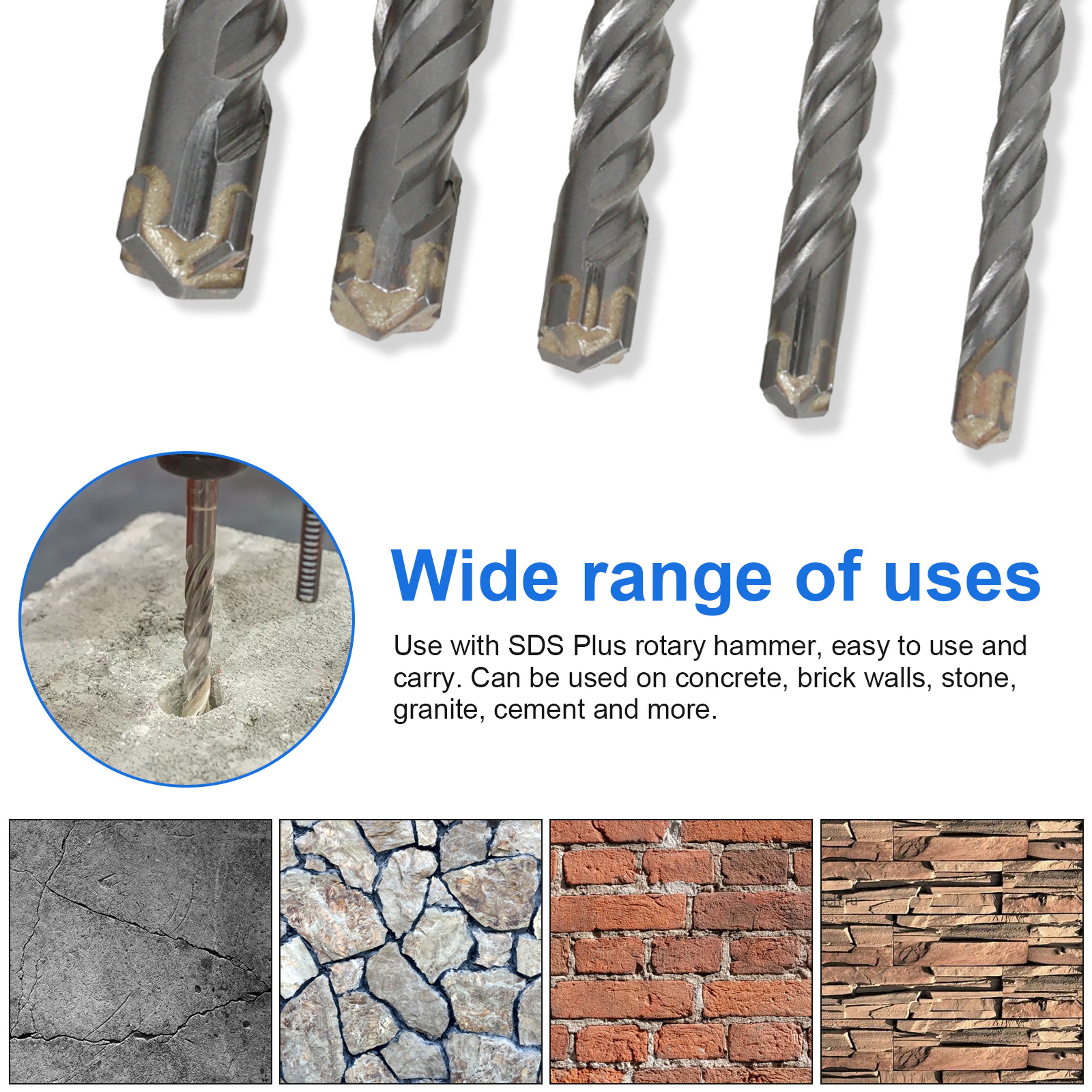 SDS Plus Hammer Impact Drill Bit Set Carbide Rotary Hammer Drill Bits For Stone Concrete Granite 4