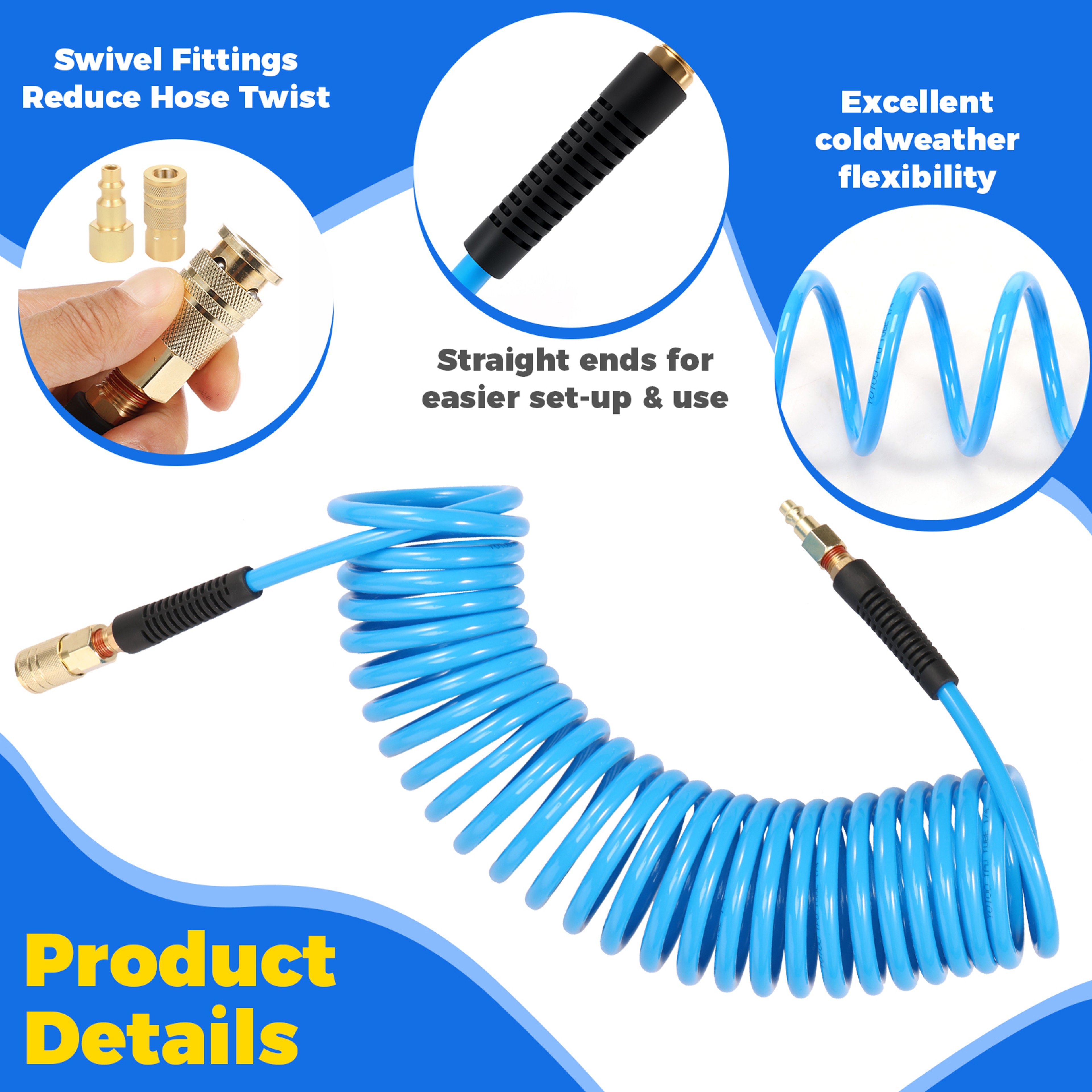 Air Compressor Hose with Coupler, Flexible PU Recoil Air Hose, Anti-Kink Tool Accessory – view 2
