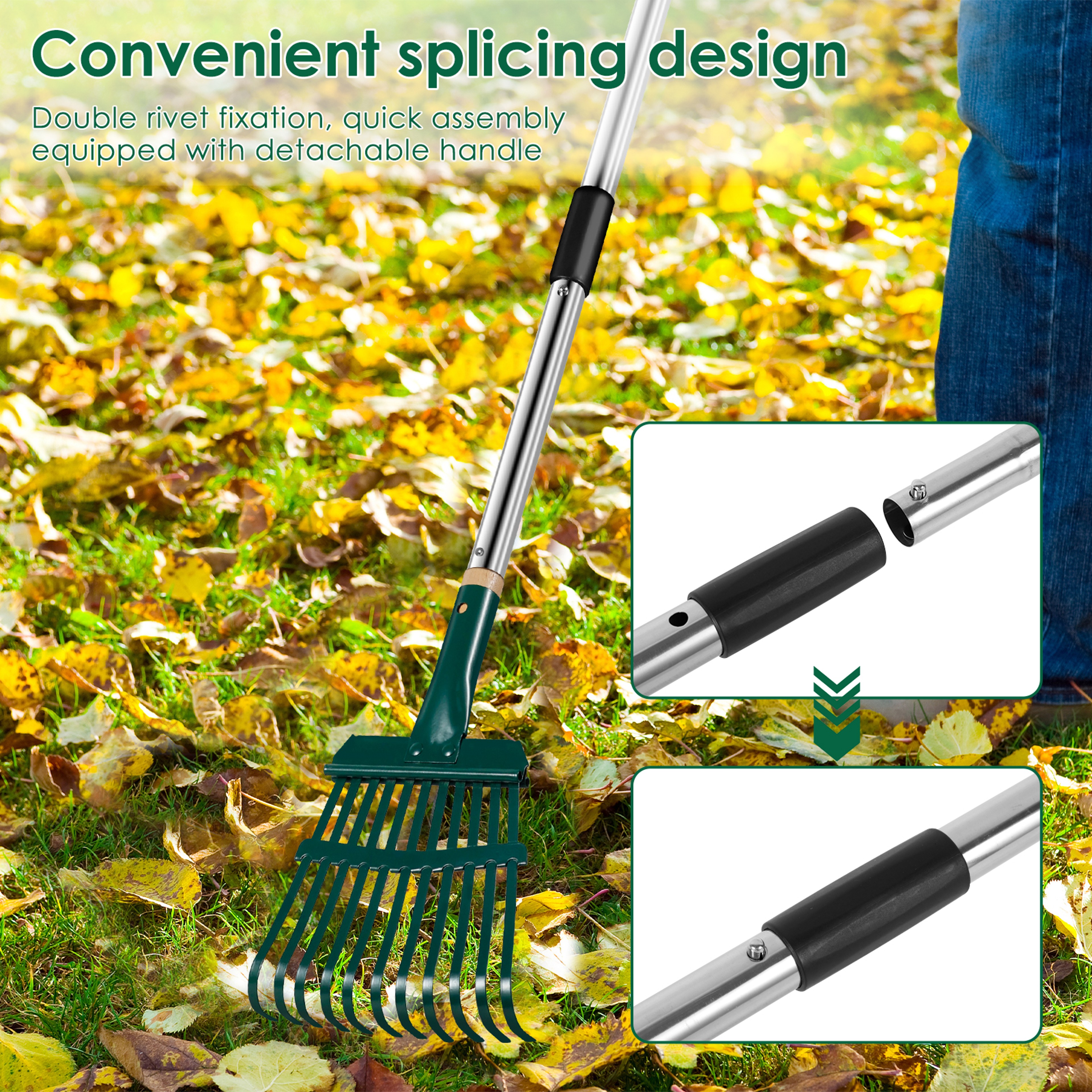 Garden Leaf Rake Adjustable Long Handle Prong High Strength Shrub Rake For Flower Bed Cleaning 4
