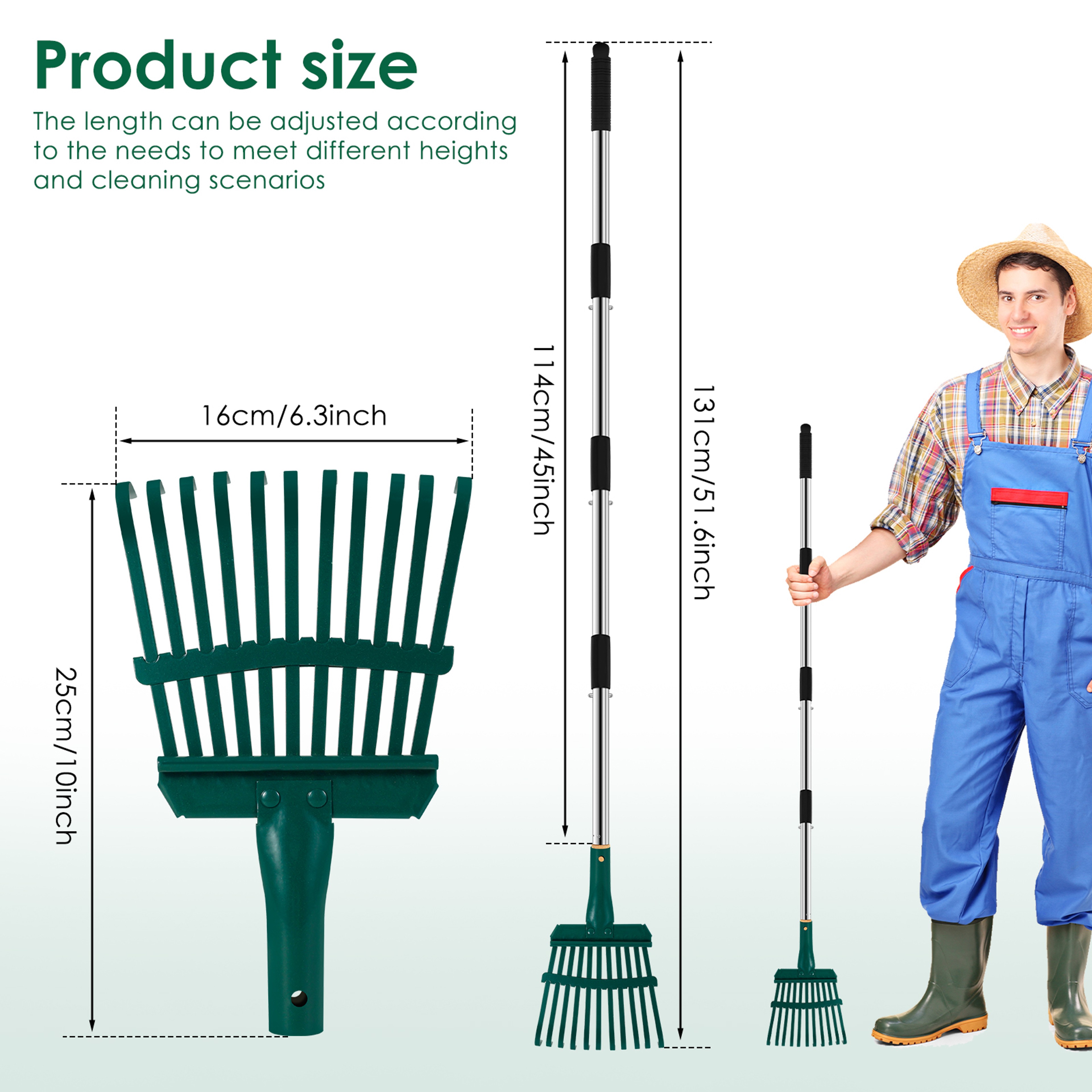 Garden Leaf Rake Adjustable Long Handle Prong High Strength Shrub Rake For Flower Bed Cleaning 5