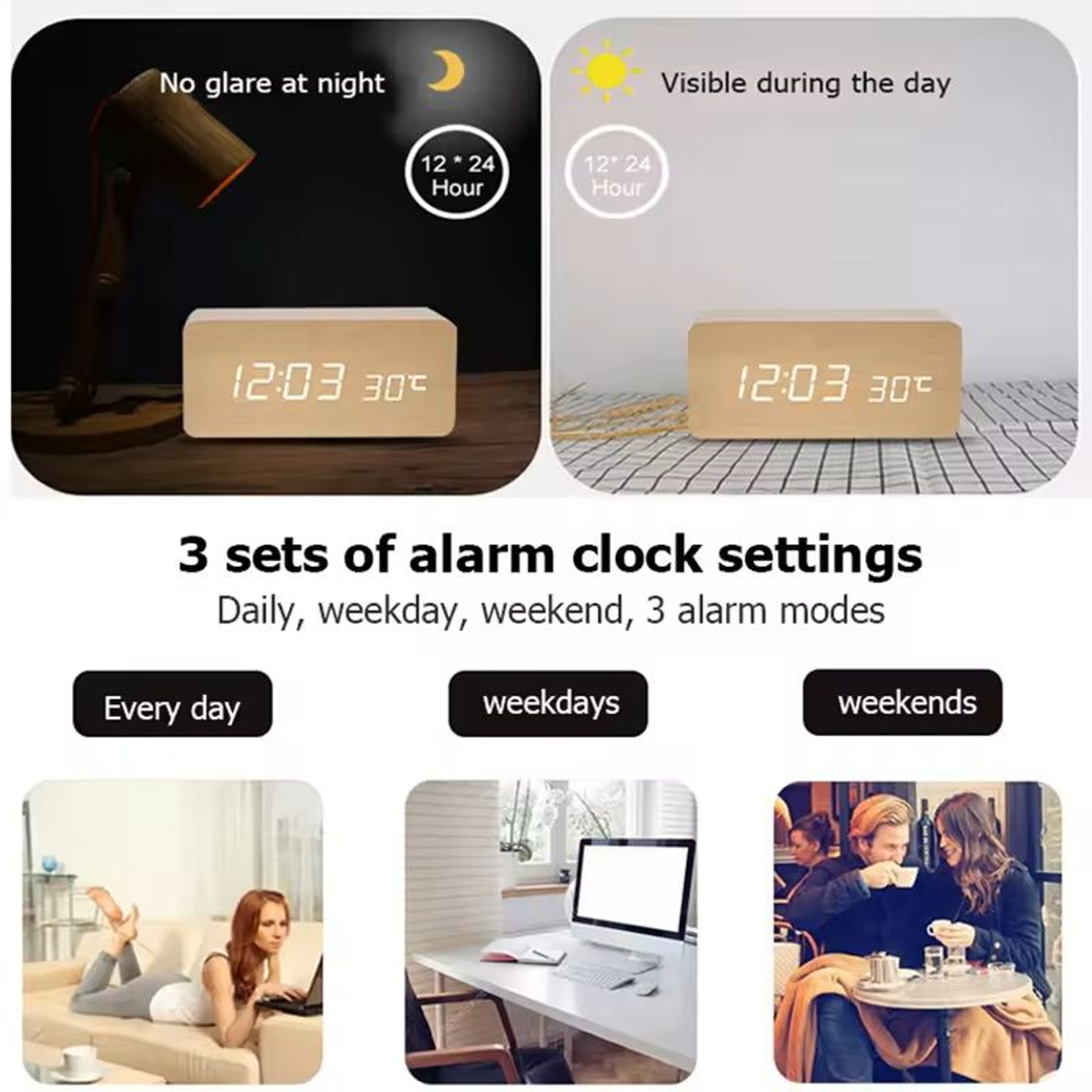 Wooden Digital LED Alarm Clock  Minimalist Desk And Bedside Clock With Temperature And Sound Contro 7