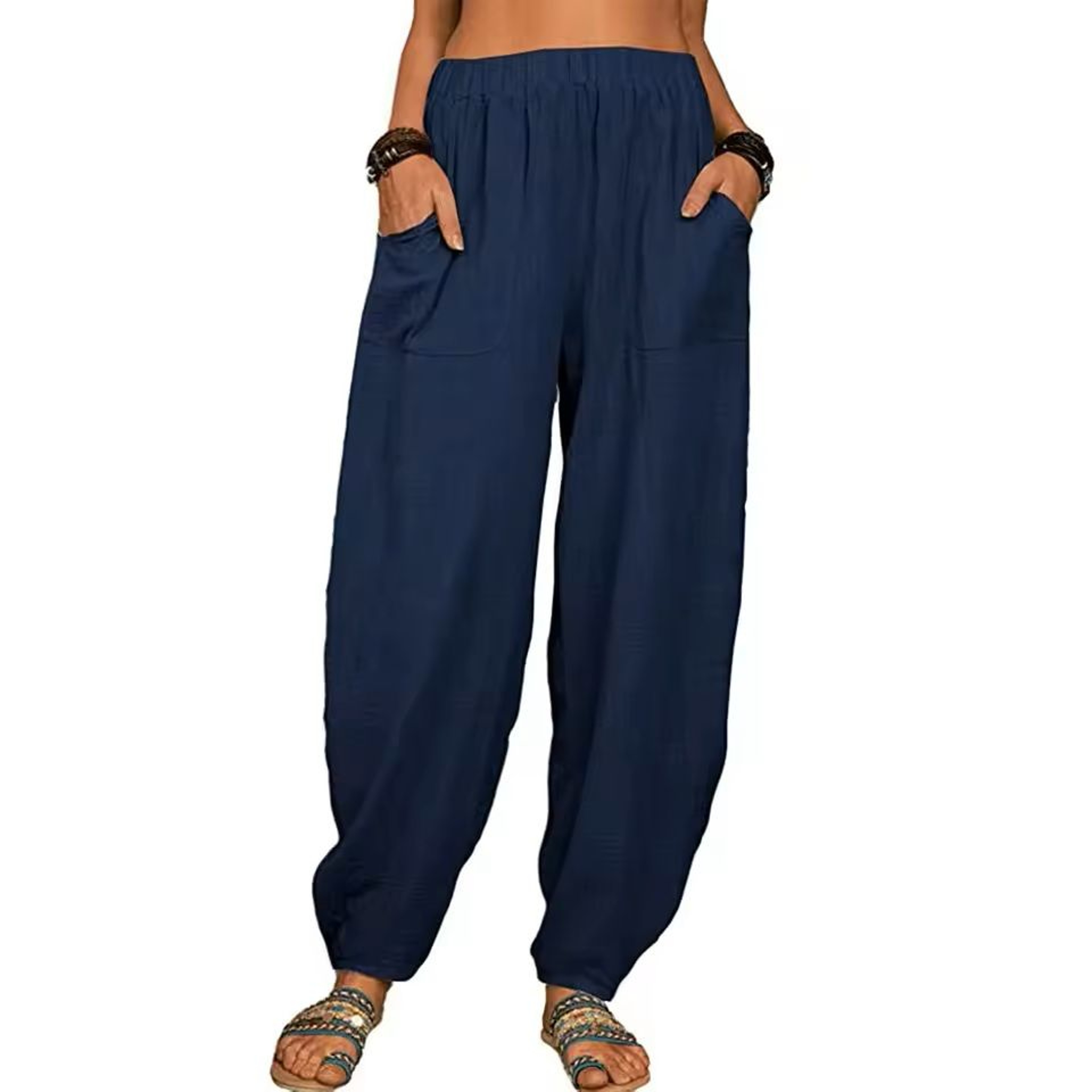 Womens Cotton Linen Harem Pants With Pockets And Elastic Waist 9