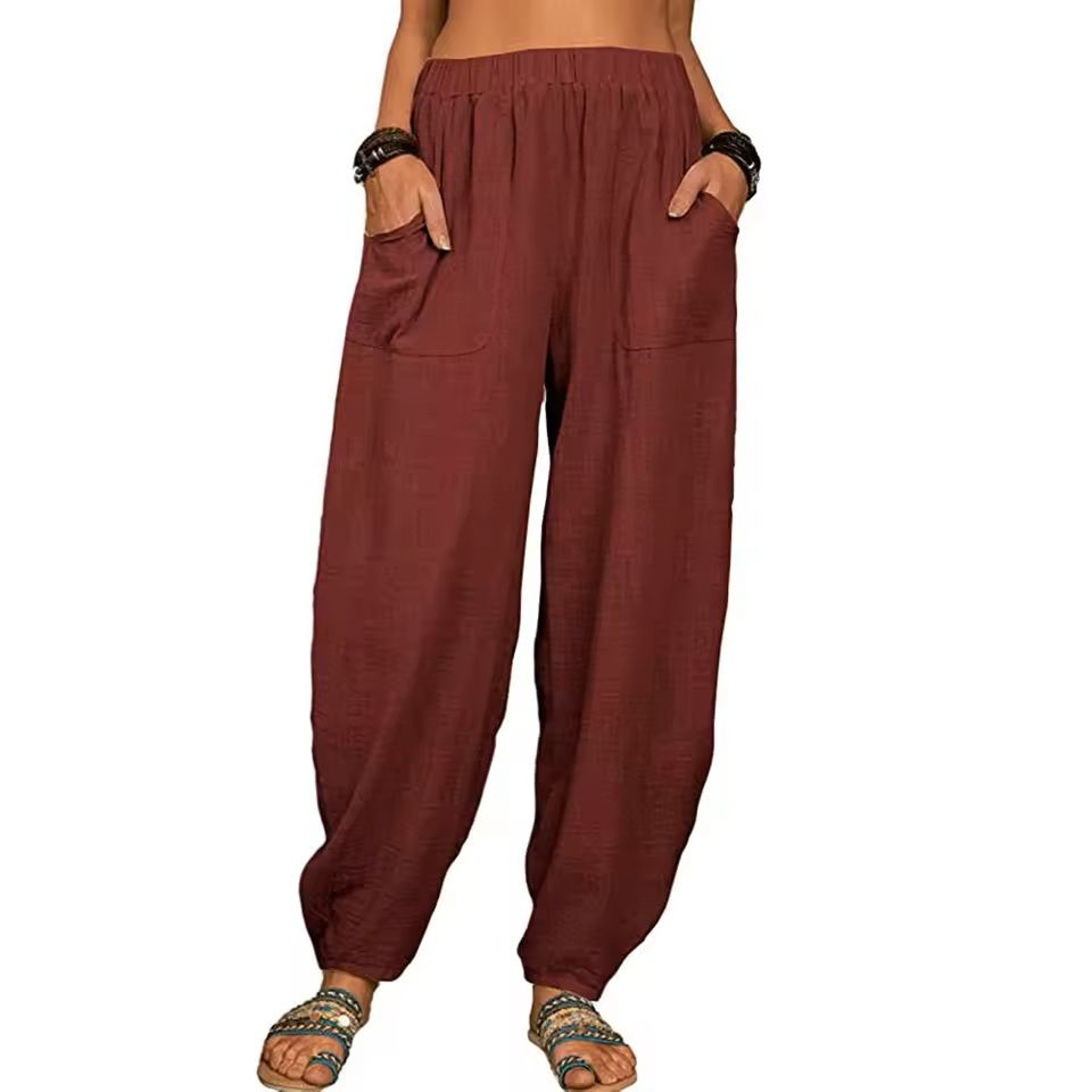 Womens Cotton Linen Harem Pants With Pockets And Elastic Waist 7