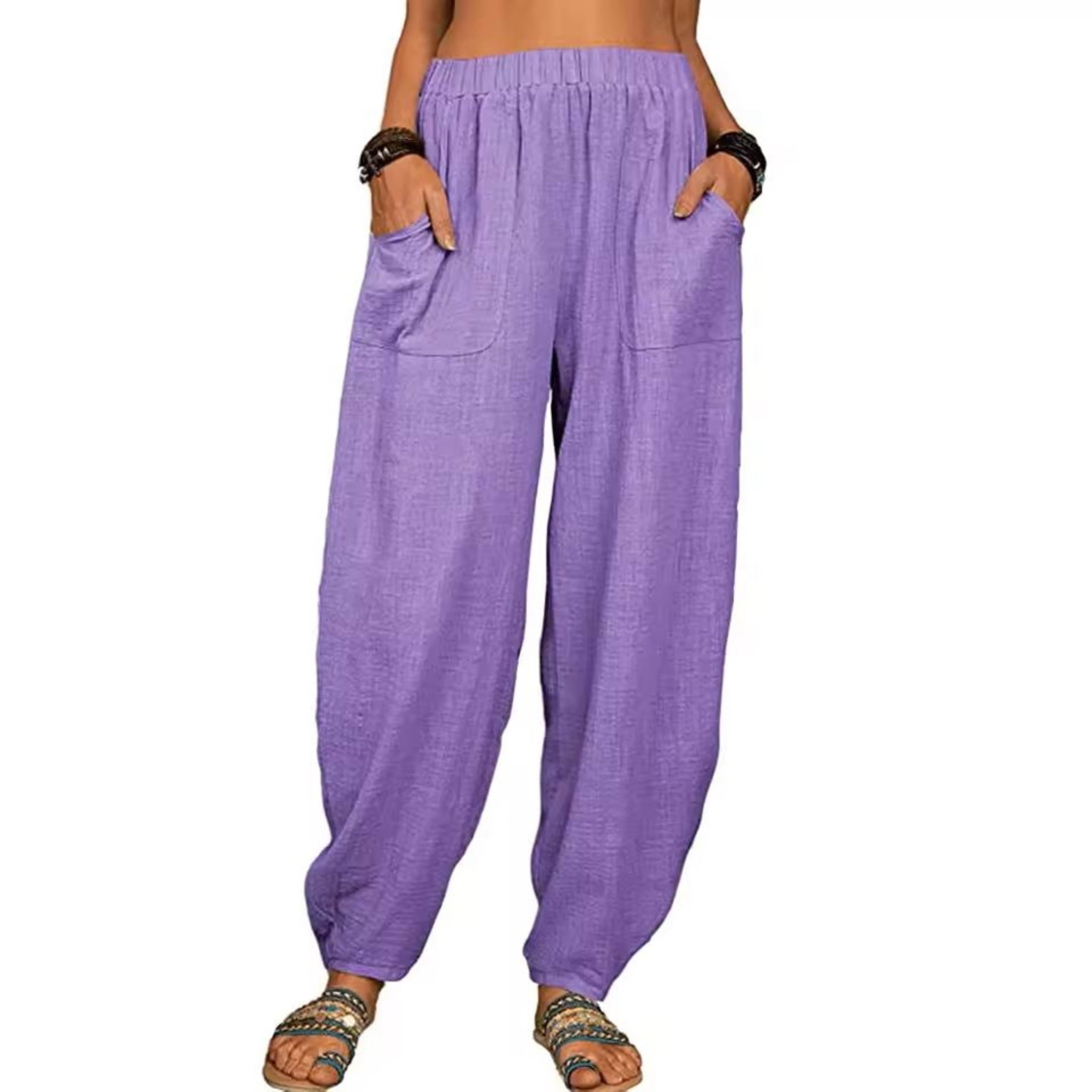 Womens Cotton Linen Harem Pants With Pockets And Elastic Waist 12