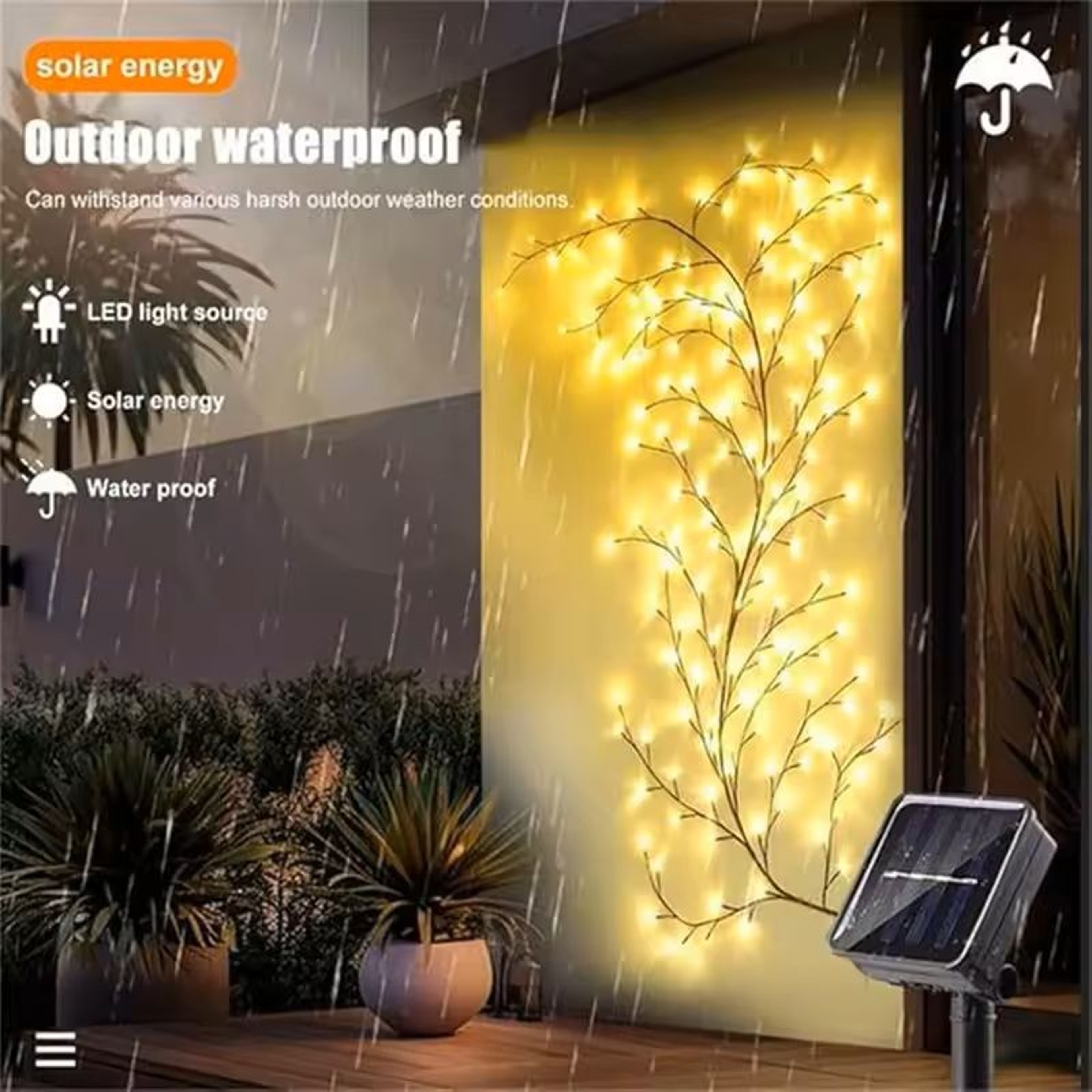 96 LED Solar Willow Vine String Lights Outdoor With 8 Modes For Balcony And Garden Decor 5
