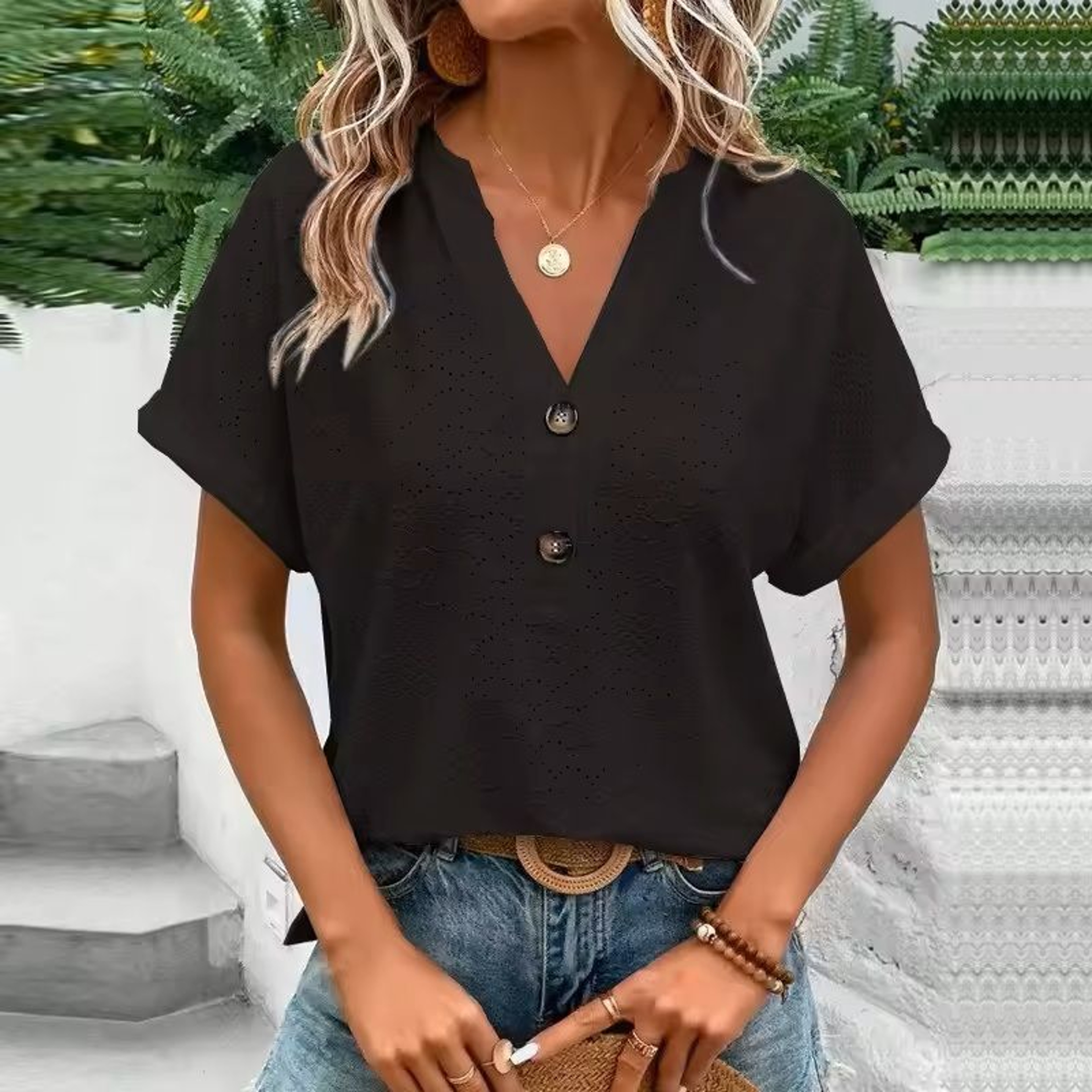 Jacquard VNeck Blouse  Casual Summer ButtonUp Shirt For Women 4