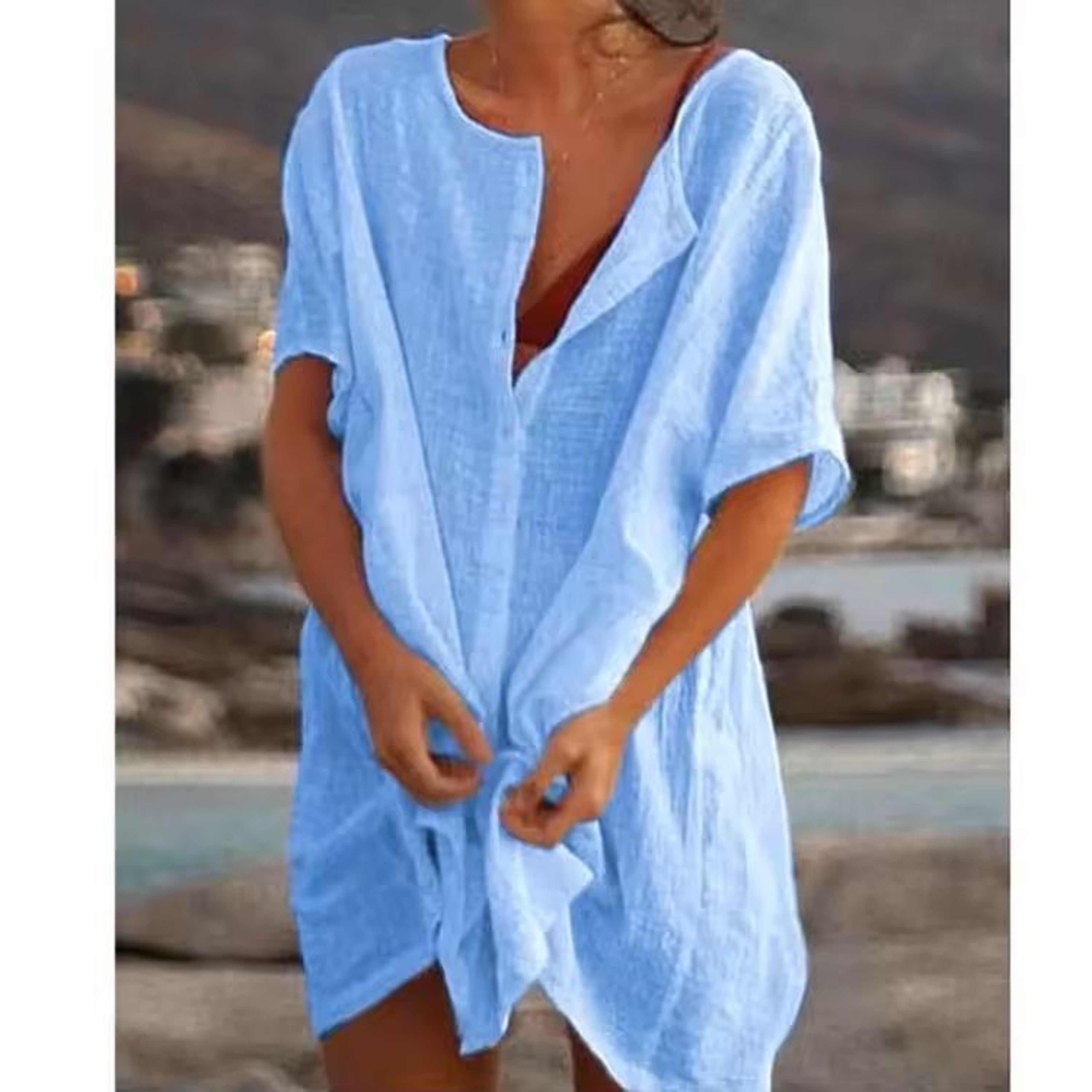 Cotton Linen Oversized Summer Blouse  Vintage Short Sleeve Button Down Shirt For Women 5