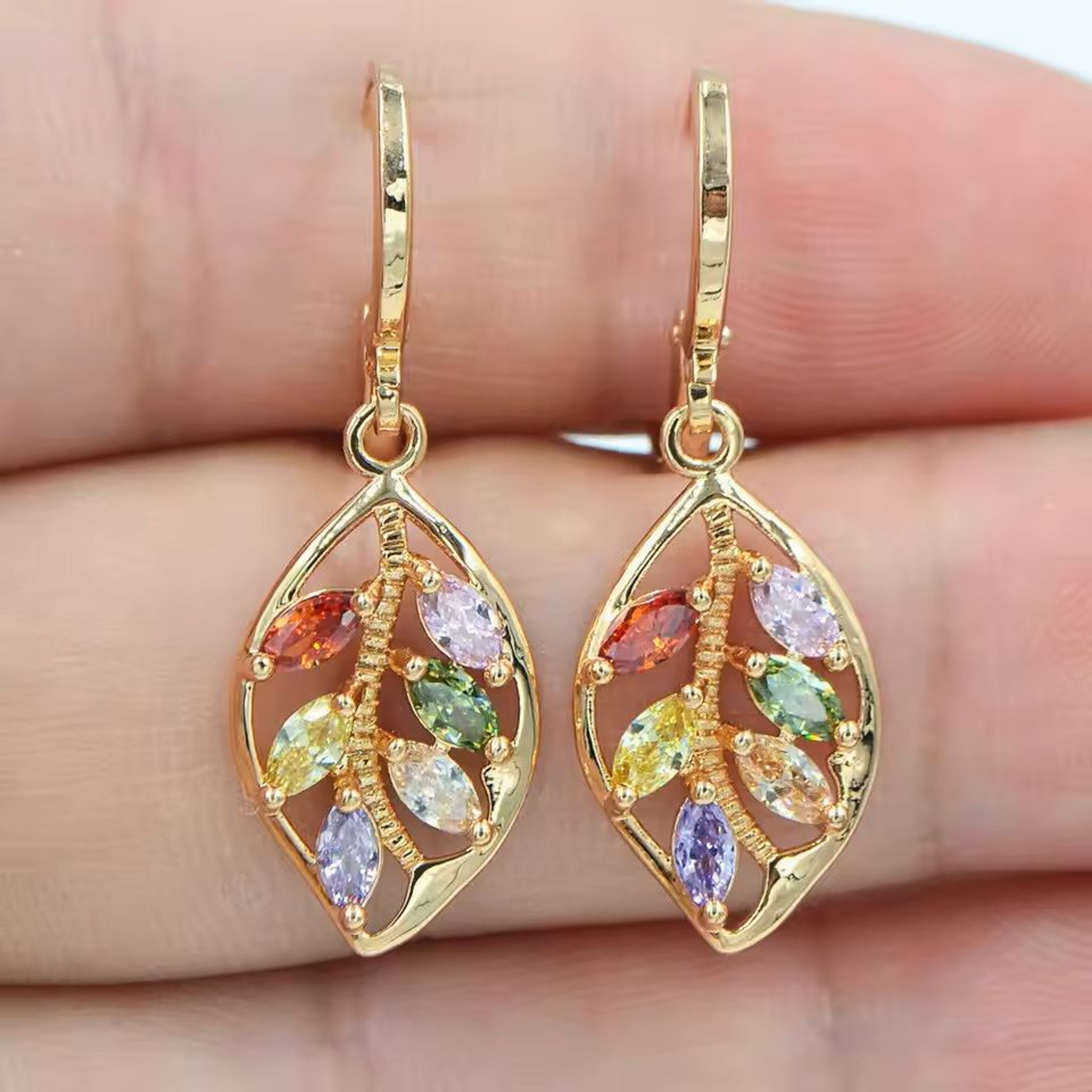 Golden Leaf Zircon Earrings  Elegant Colored Crystal Jewelry Gift For Women 0