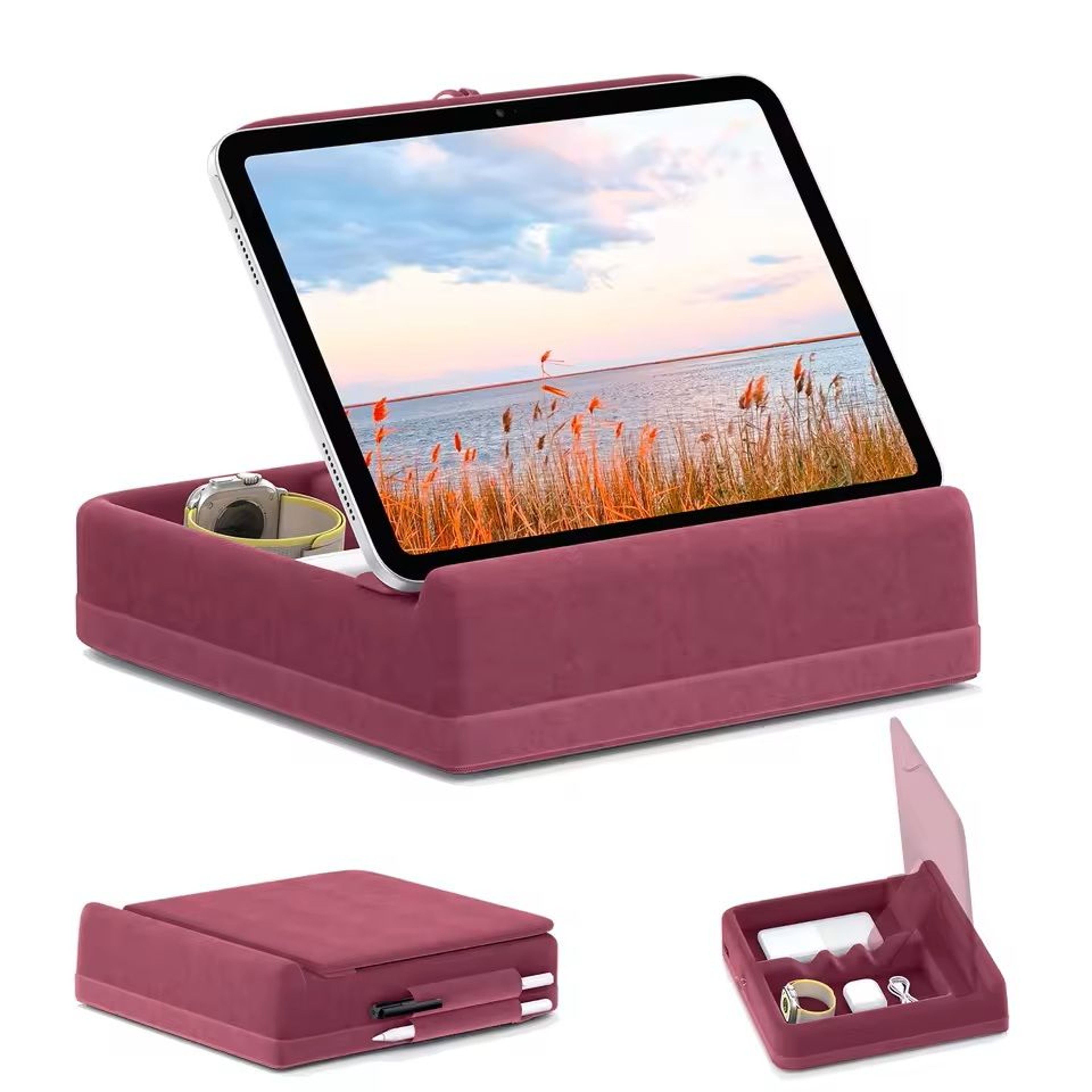 Foldable Tablet Pillow Stand With Storage And Stylus Holder 7
