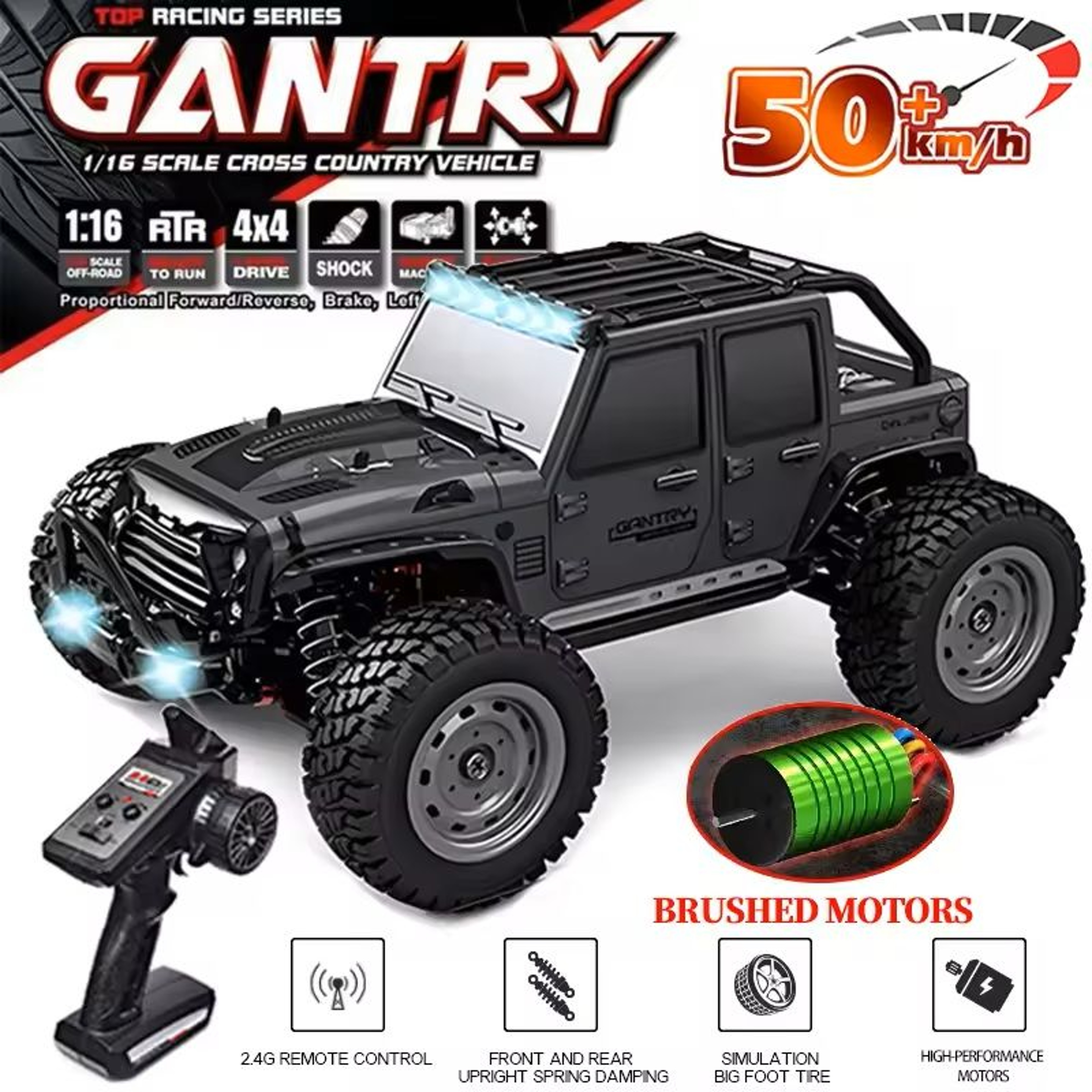 Fast 4WD RC Car With LED Headlights And 50kmh Speed 0