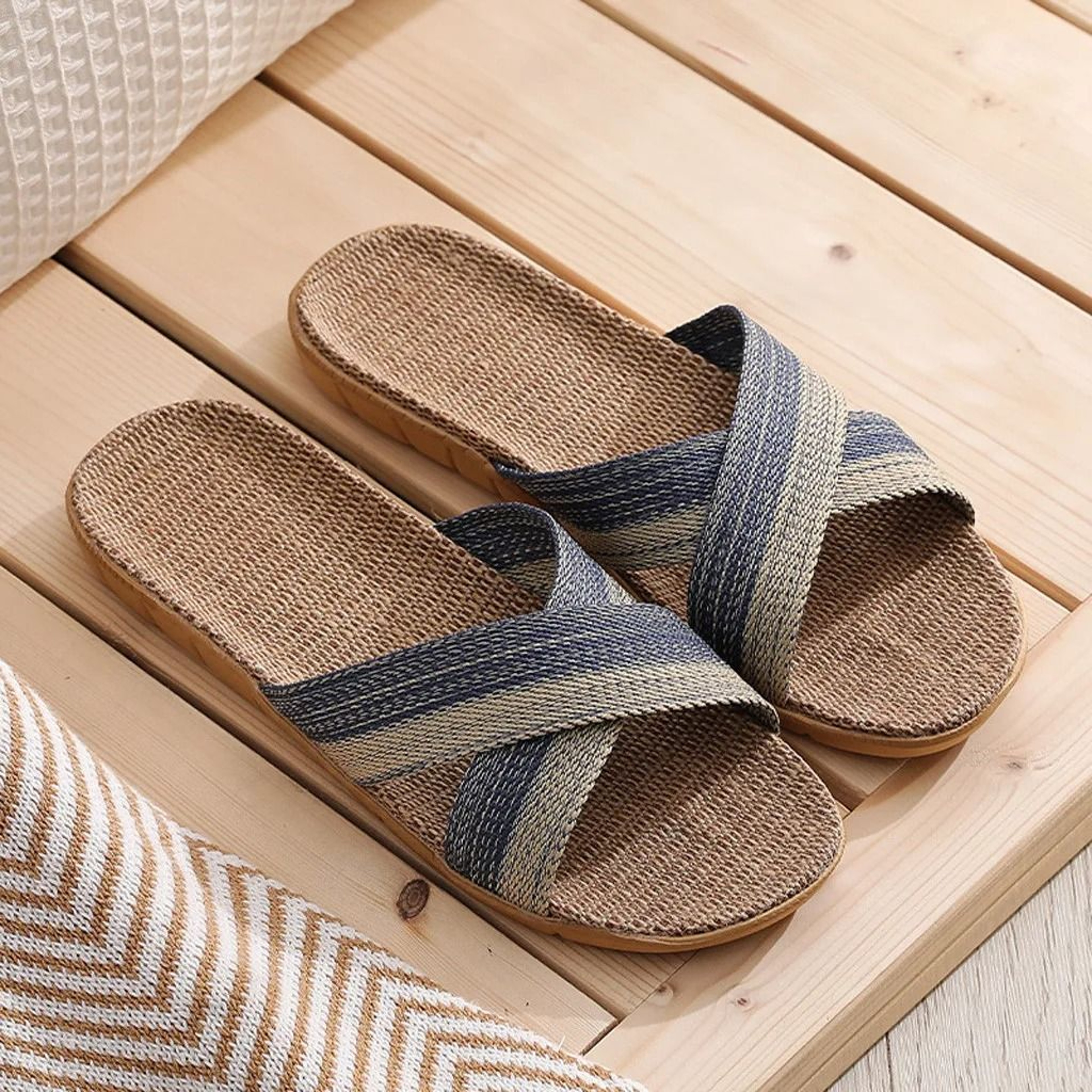 Men Indoor Linen Flat Open Toe Slippers 6