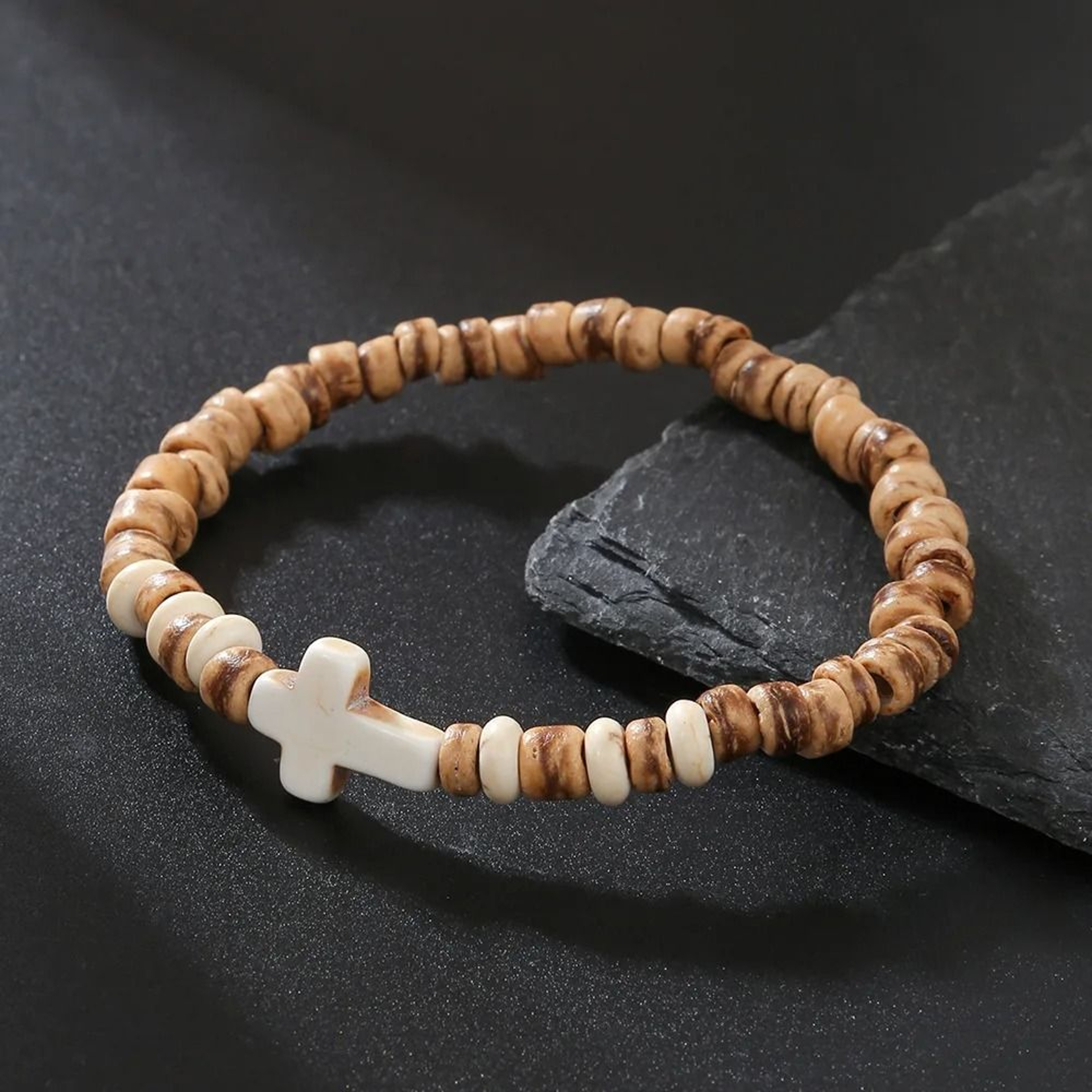 Vintage Beaded Bracelet For Men With Skull And Natural Stone Accents 9