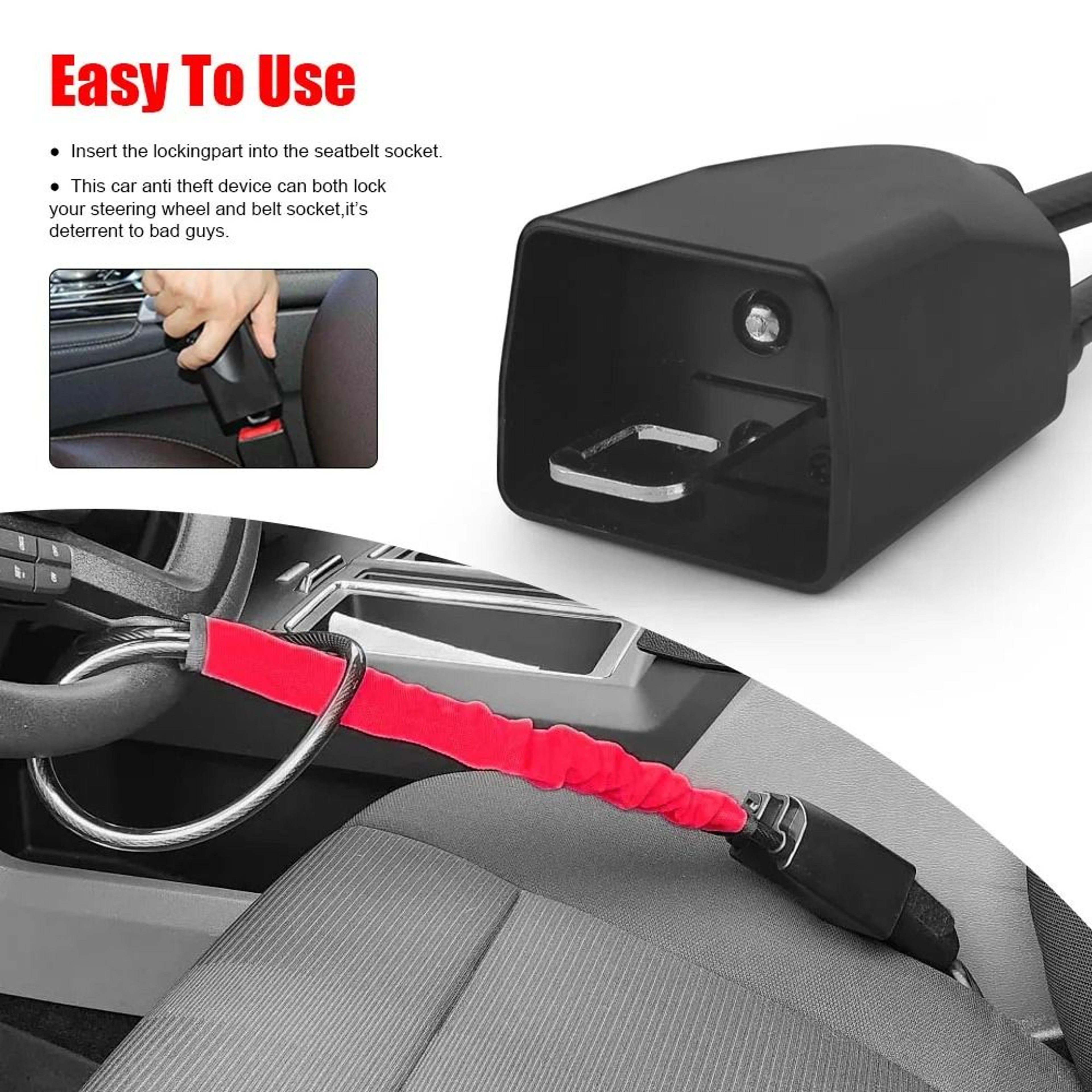 Anti Theft Steering Wheel Lock With Steel Rope And Seat Belt Socket 1