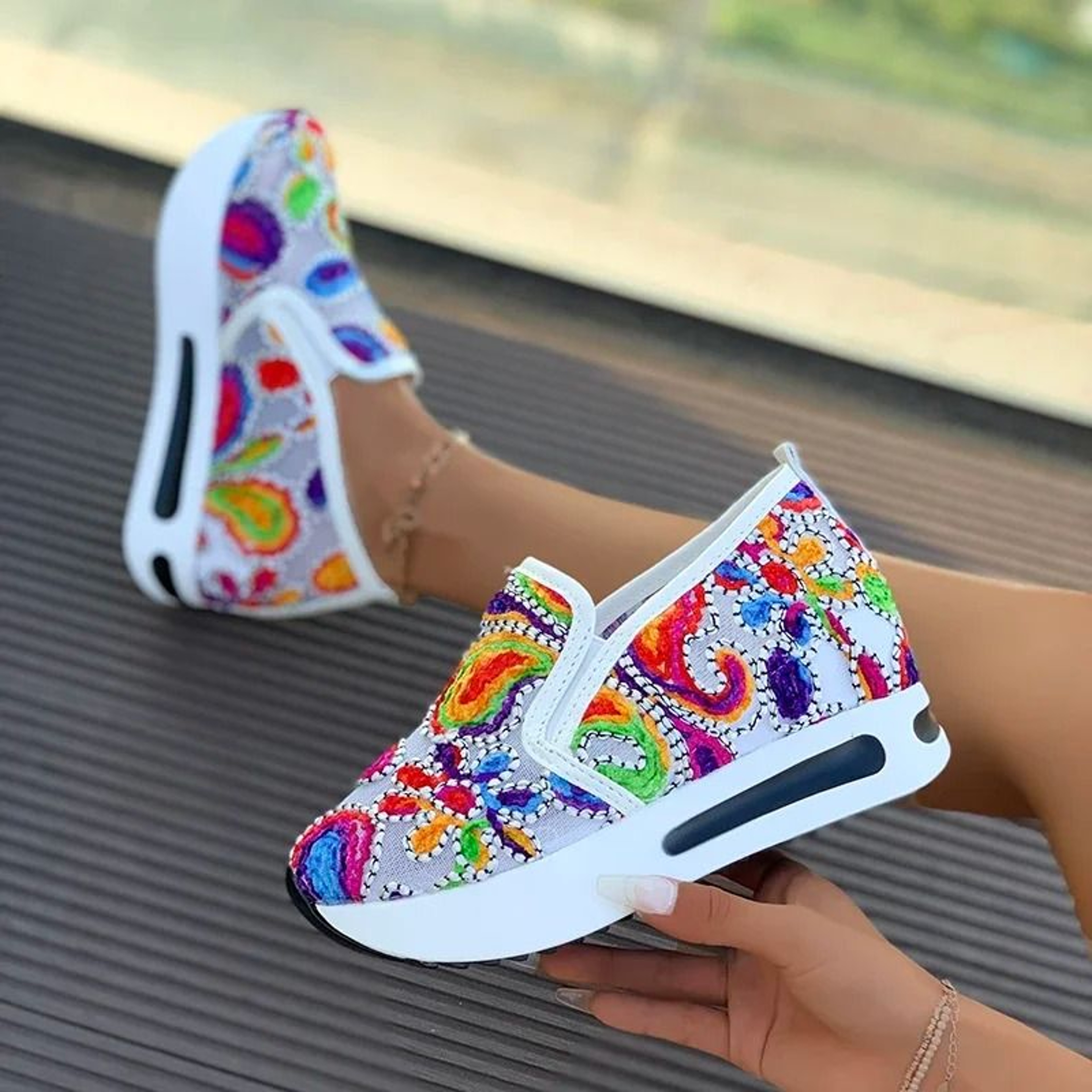 Womens SlipOn Platform Sneakers With Embroidered Design Breathable Mesh  Thick Sole Comfort Loafers 1