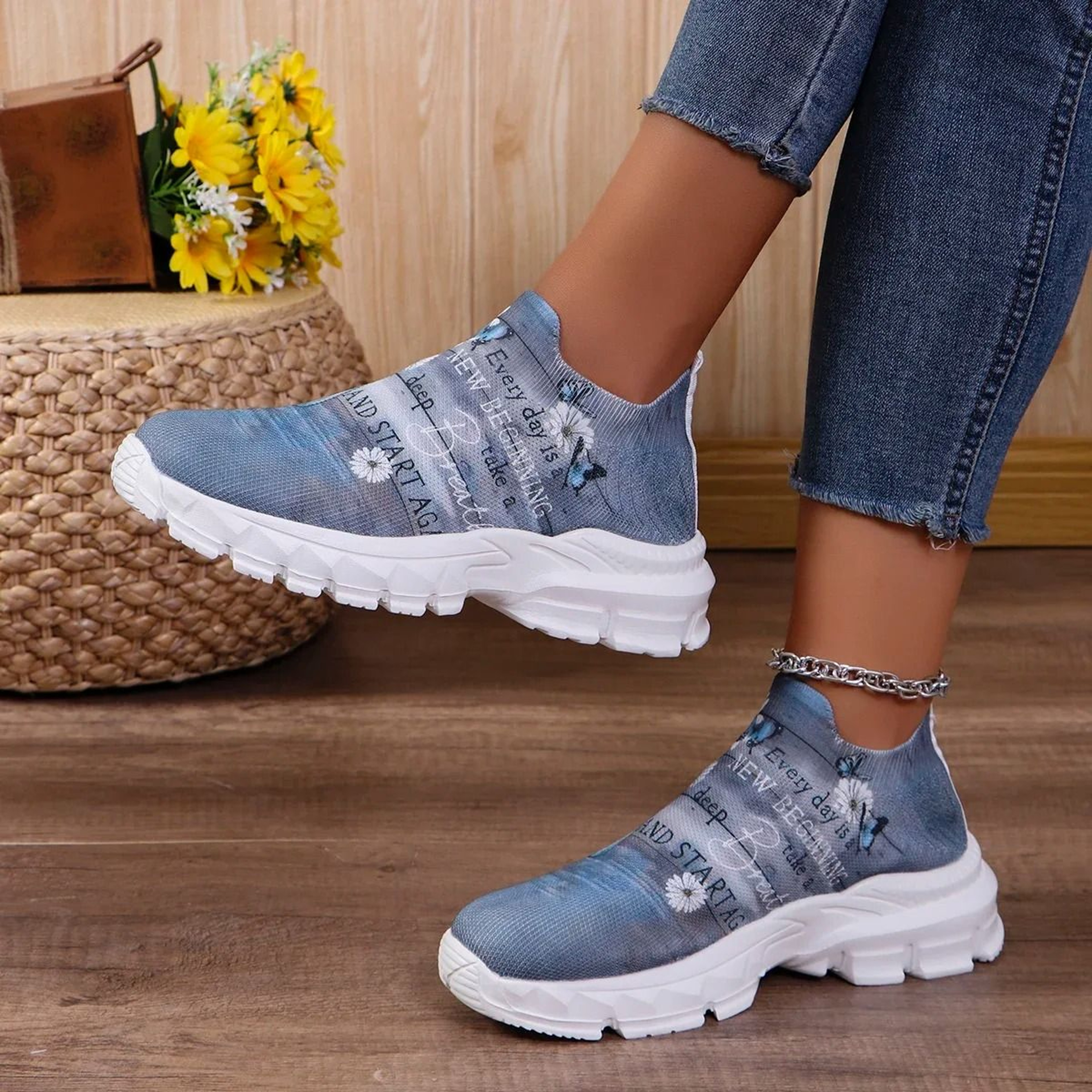 Floral Print Platform Sneakers Women Breathable Non Slip Running Shoes 3