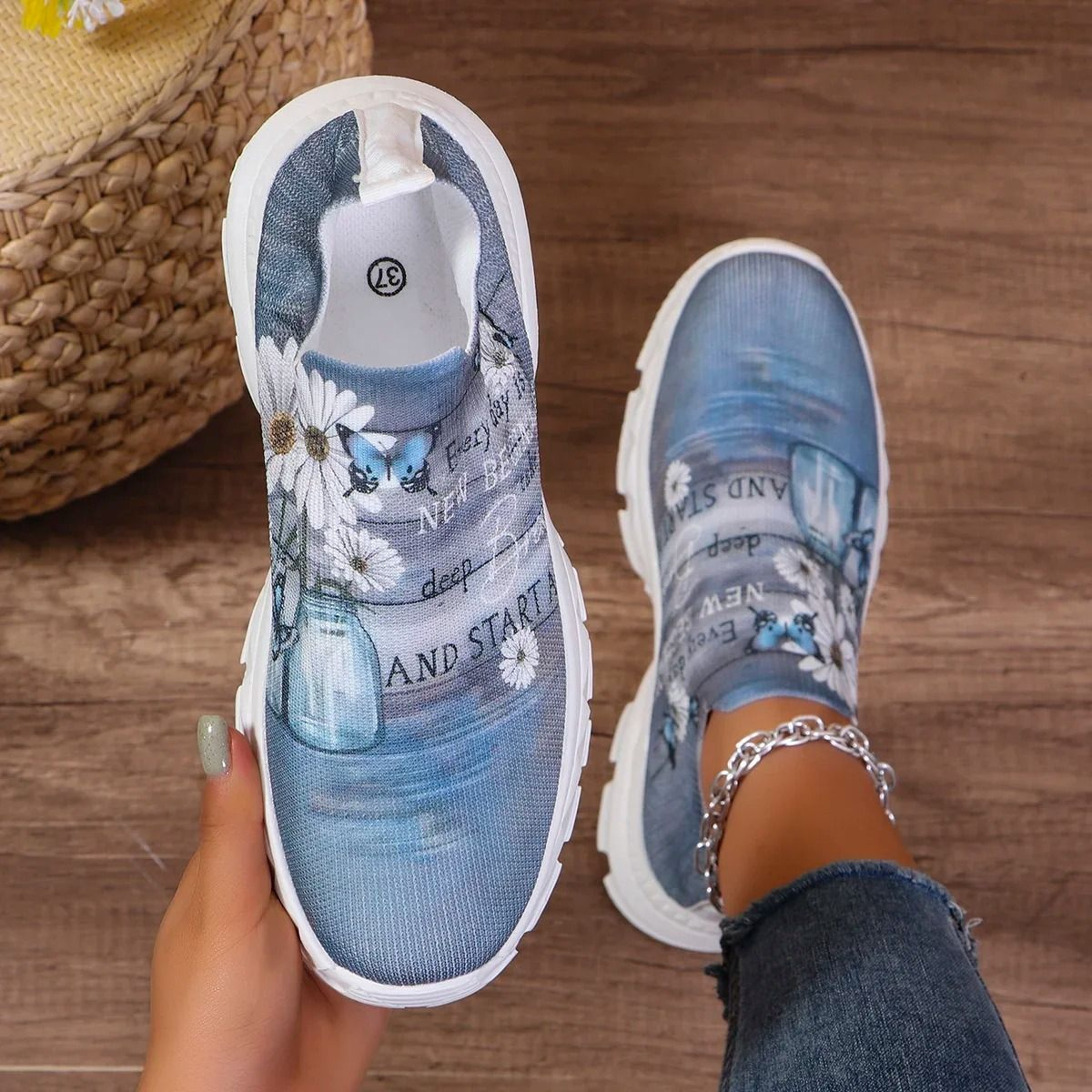 Floral Print Platform Sneakers Women Breathable Non Slip Running Shoes 5
