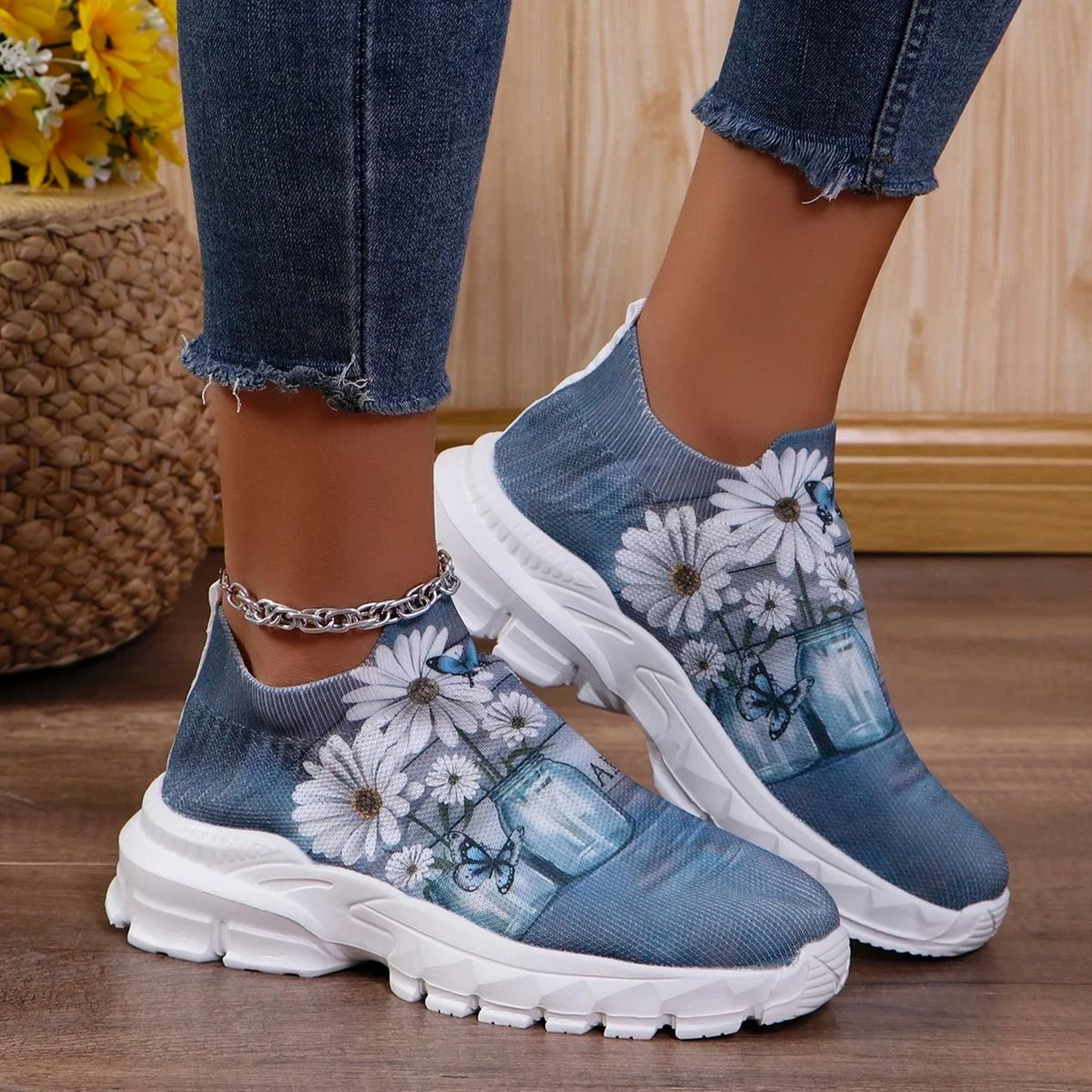 Floral Print Platform Sneakers Women Breathable Non Slip Running Shoes 6