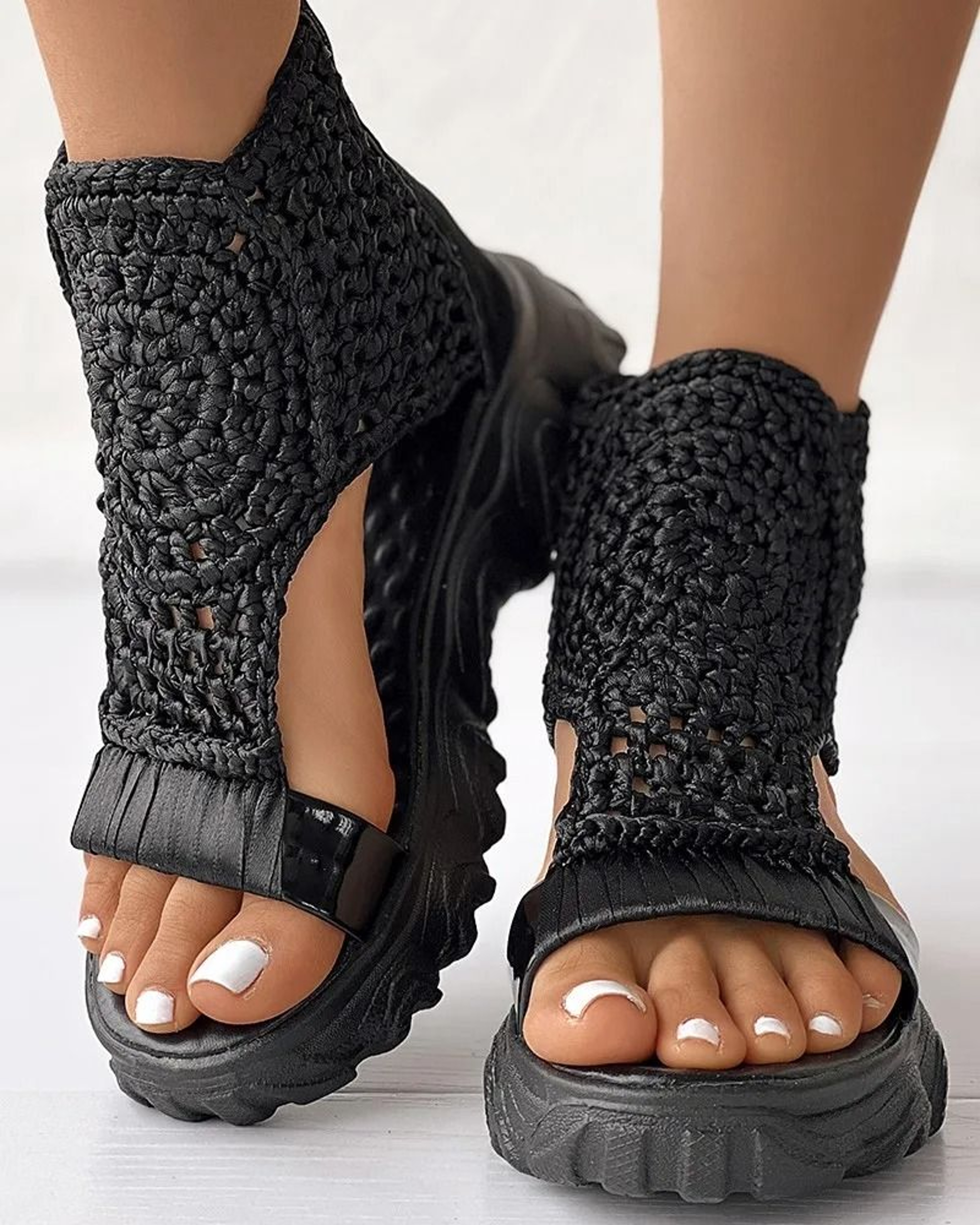 Braided Geometric Wedge Sandals For Women With Elastic Mesh Upper 7