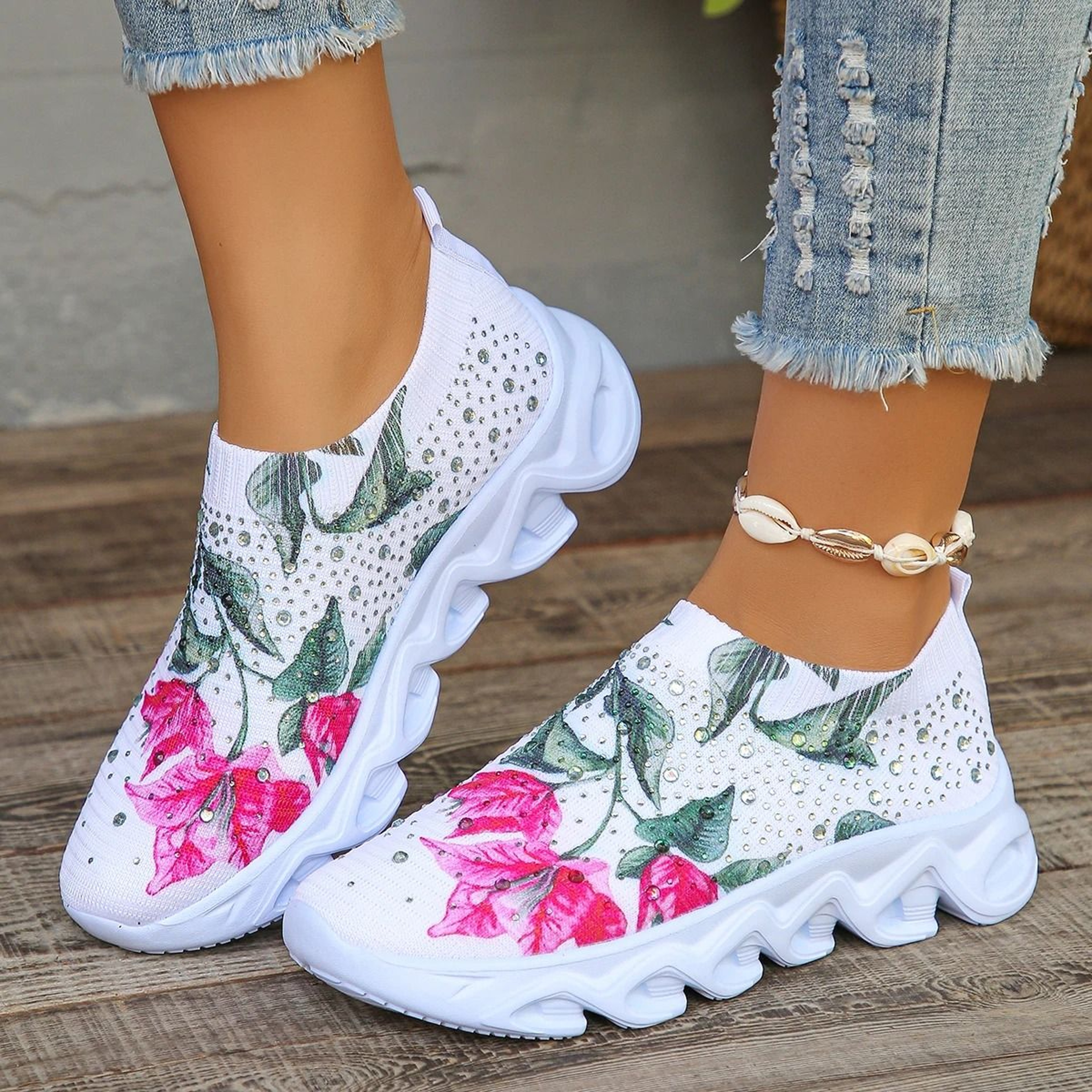 Crystal Floral Knitted Sneakers  Breathable Mesh Lightweight Walking Shoes For Women 0