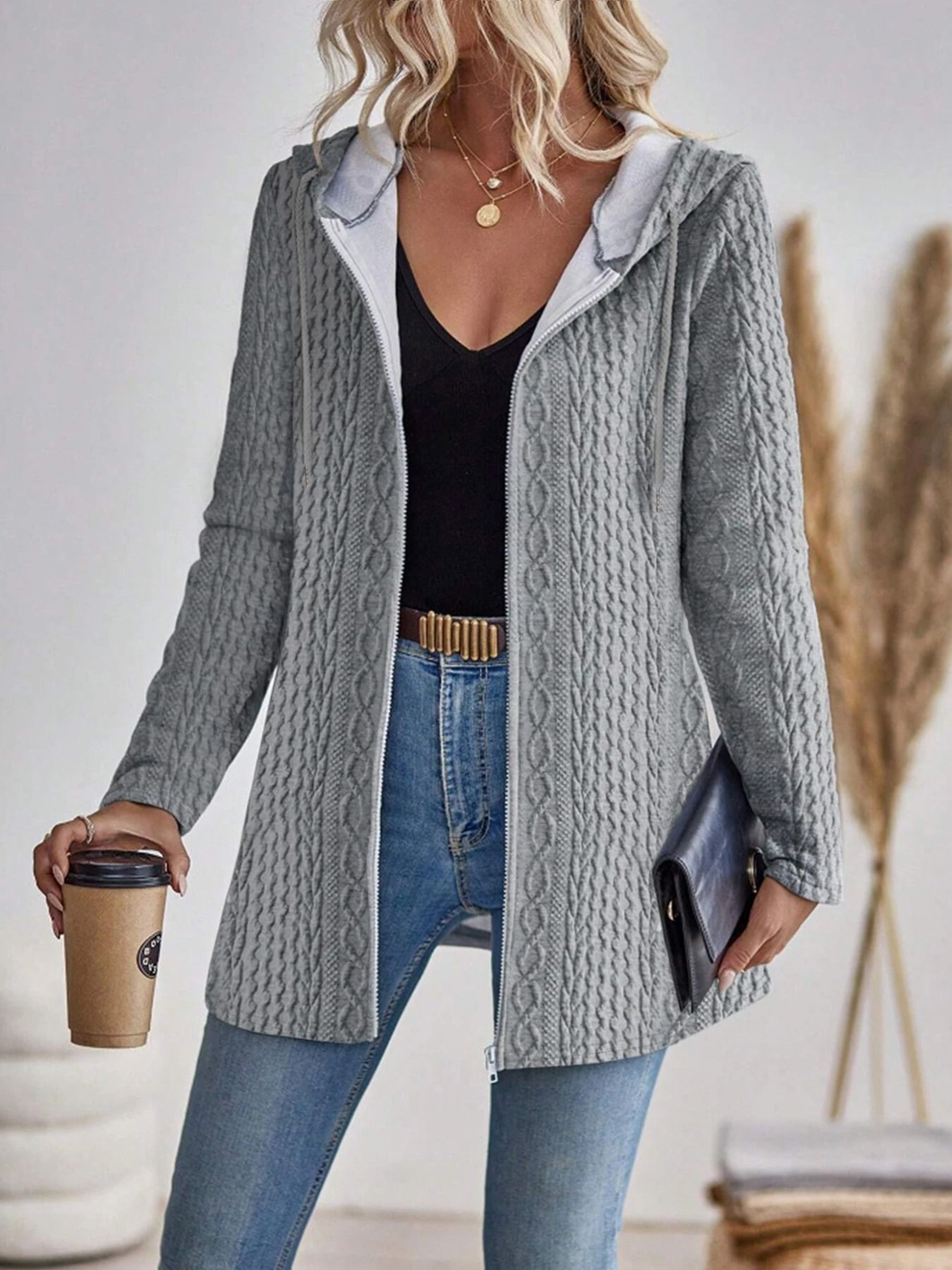 Womens Solid Color Hooded Zip Sweatshirt Casual Loose Fit Jacket 0