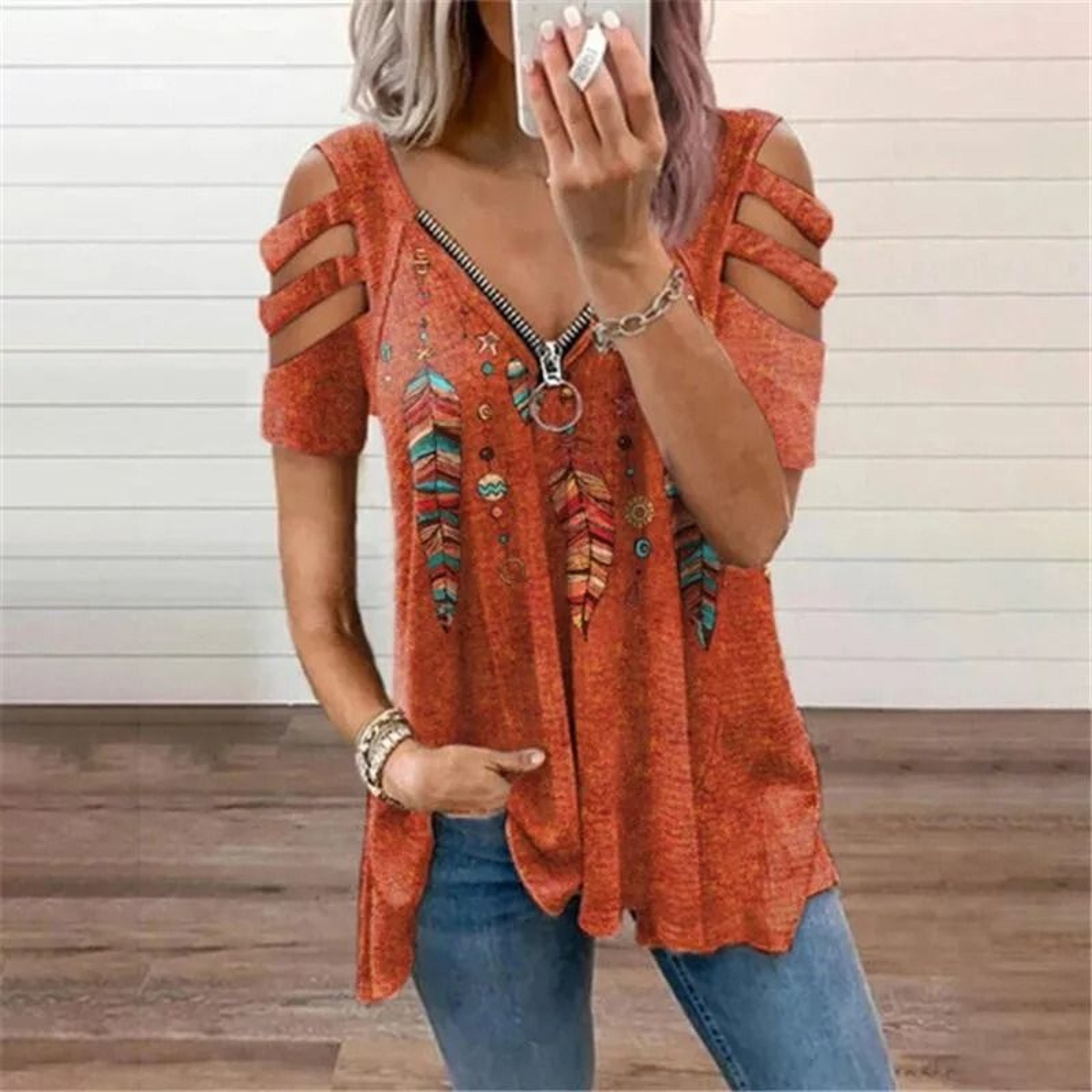 Summer Cold Shoulder Leopard Print Zipper V Neck Loose Casual Blouse 11
