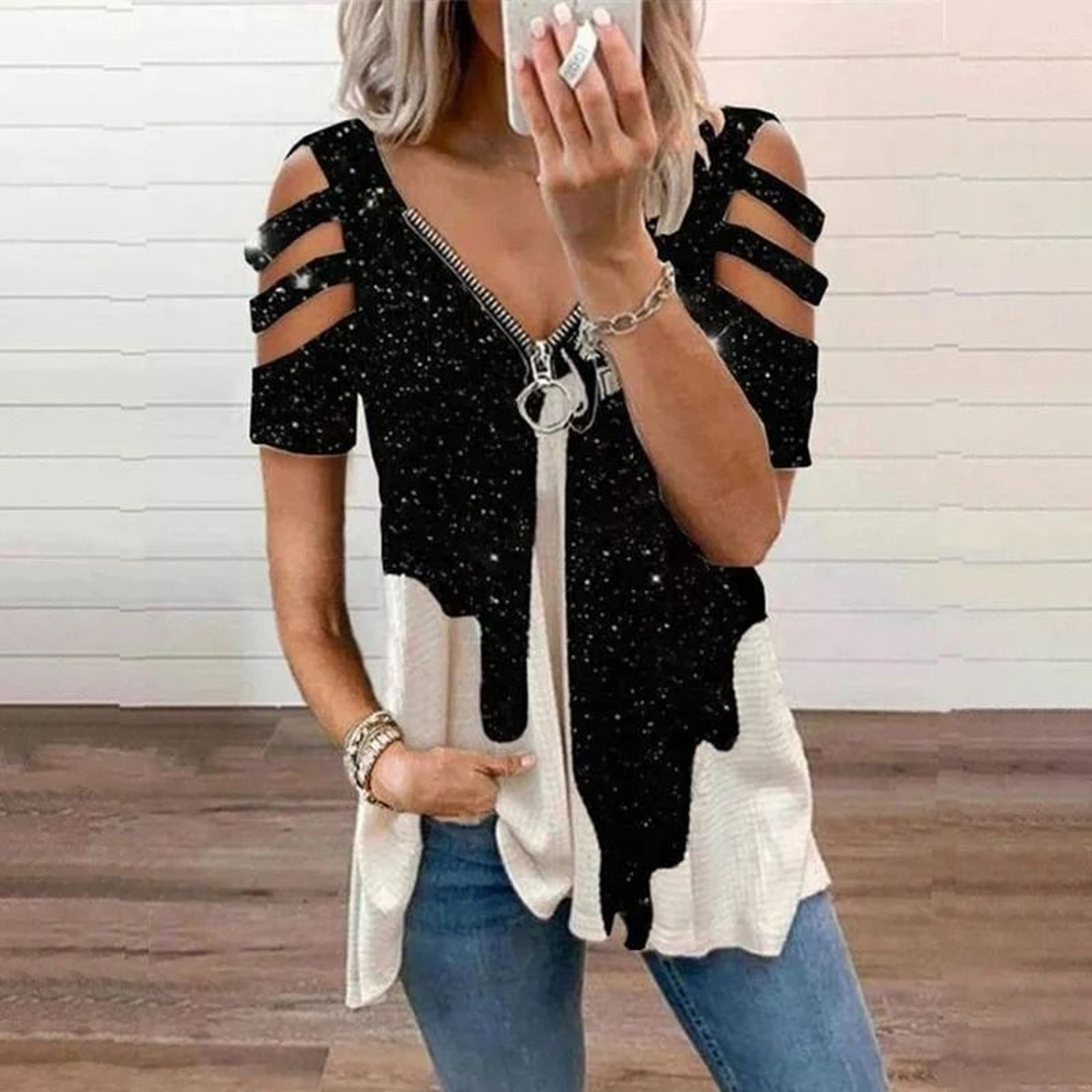 Summer Cold Shoulder Leopard Print Zipper V Neck Loose Casual Blouse 4