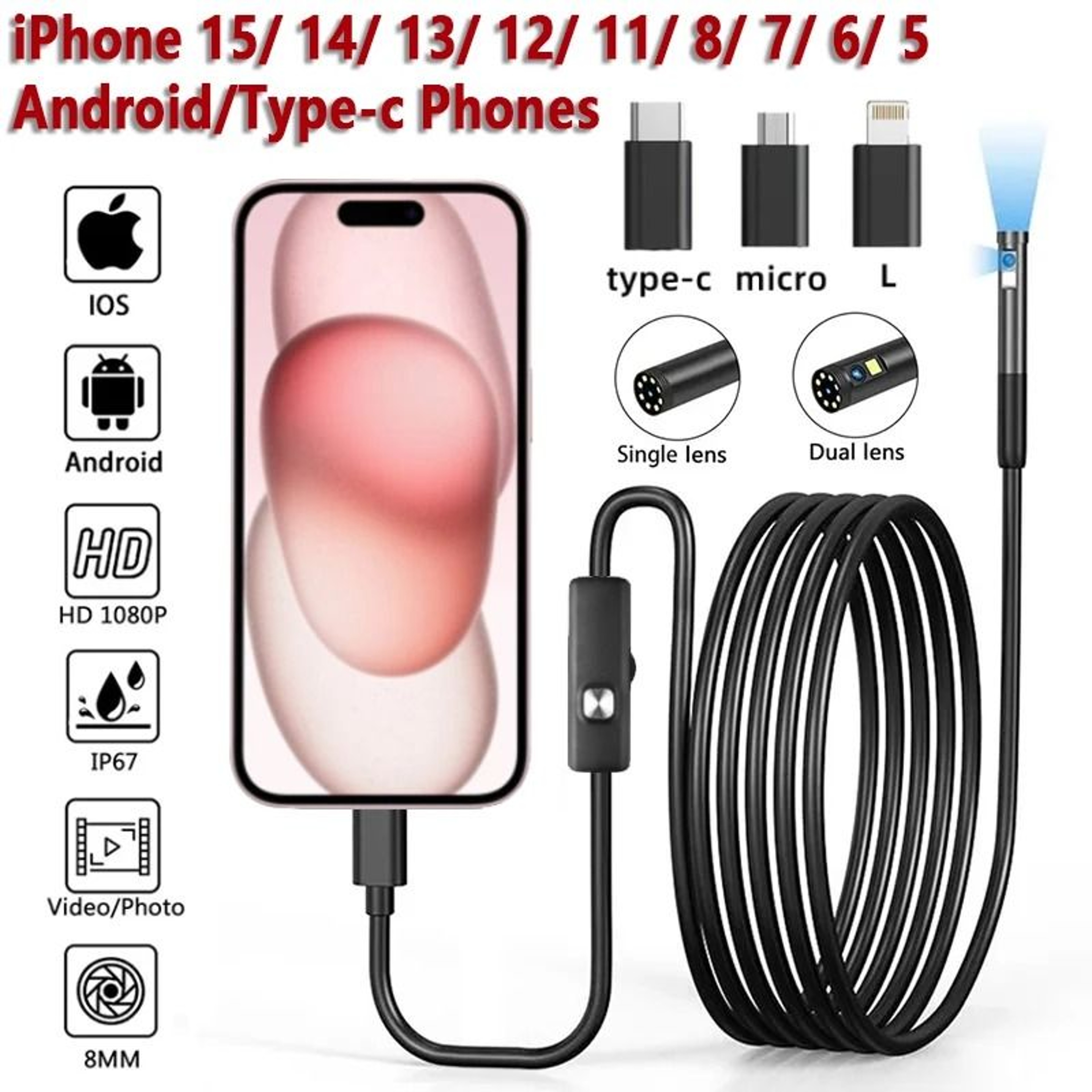 8mm 1080P Endoscope Inspection Camera For IPhone And Android 1