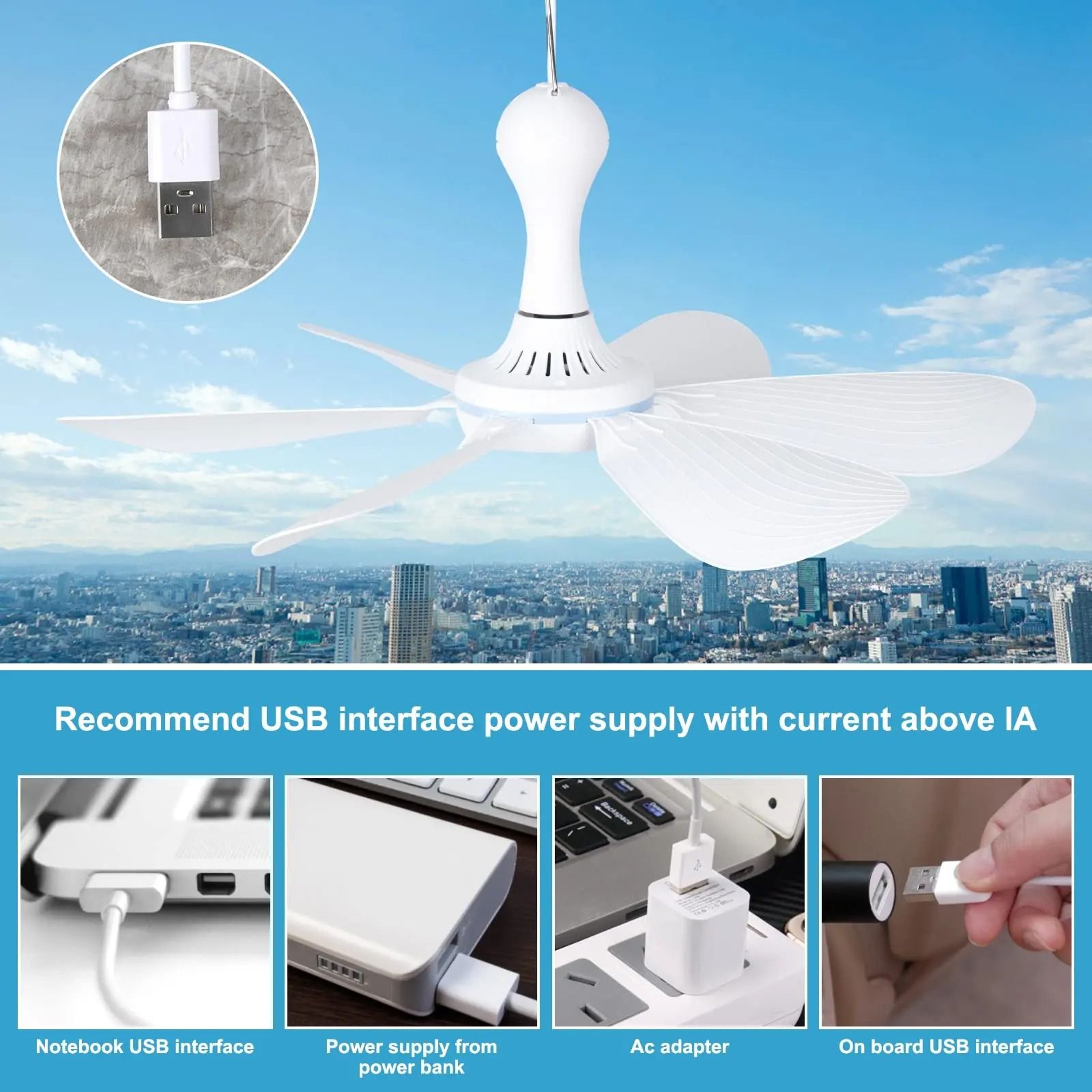 Silent USB Ceiling Fan With 6 Blades Hanging Canopy Fan For Camping Dorm Tent Bedroom 5