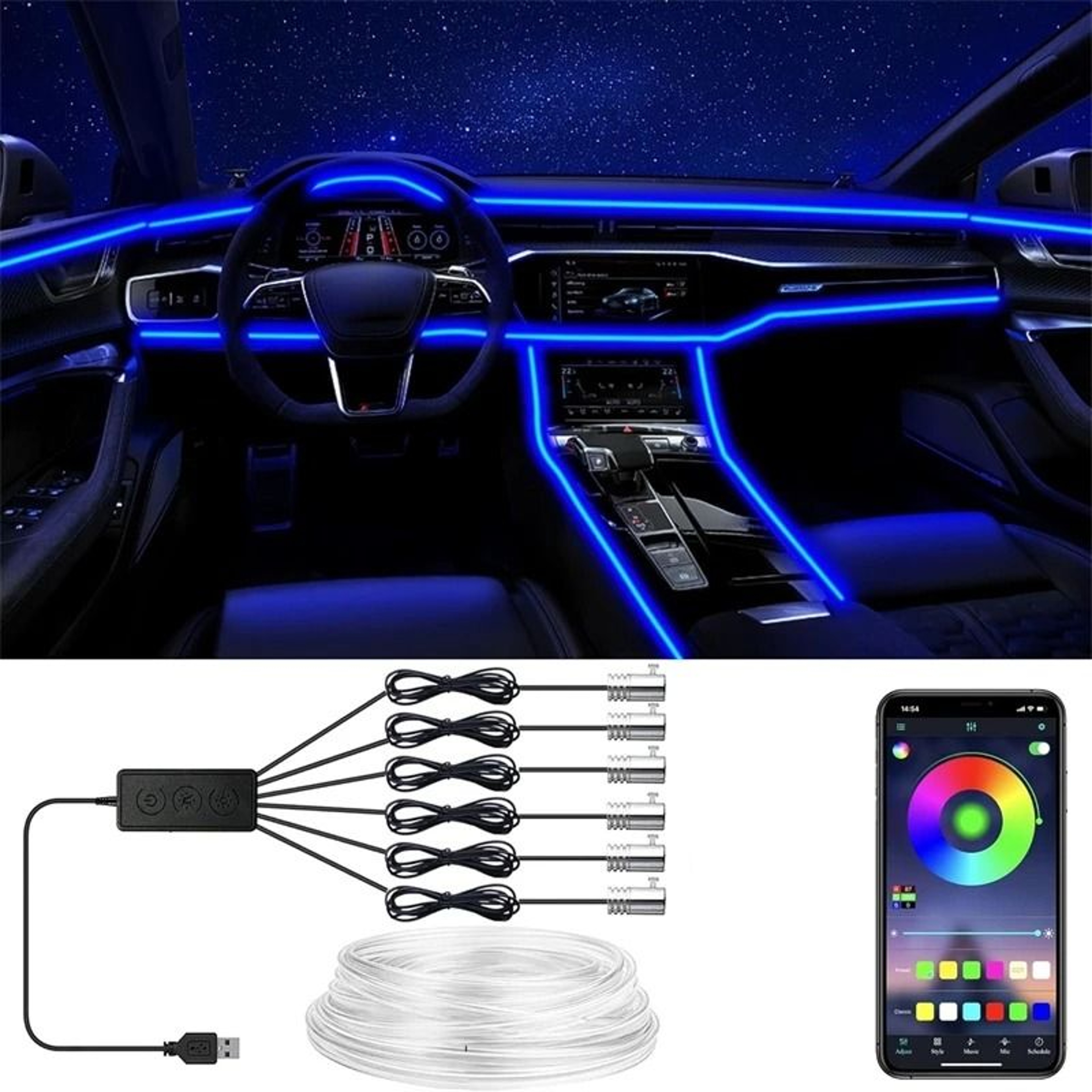 Flexible EL Wire Car Interior RGB LED Strip Lights With App Control 0
