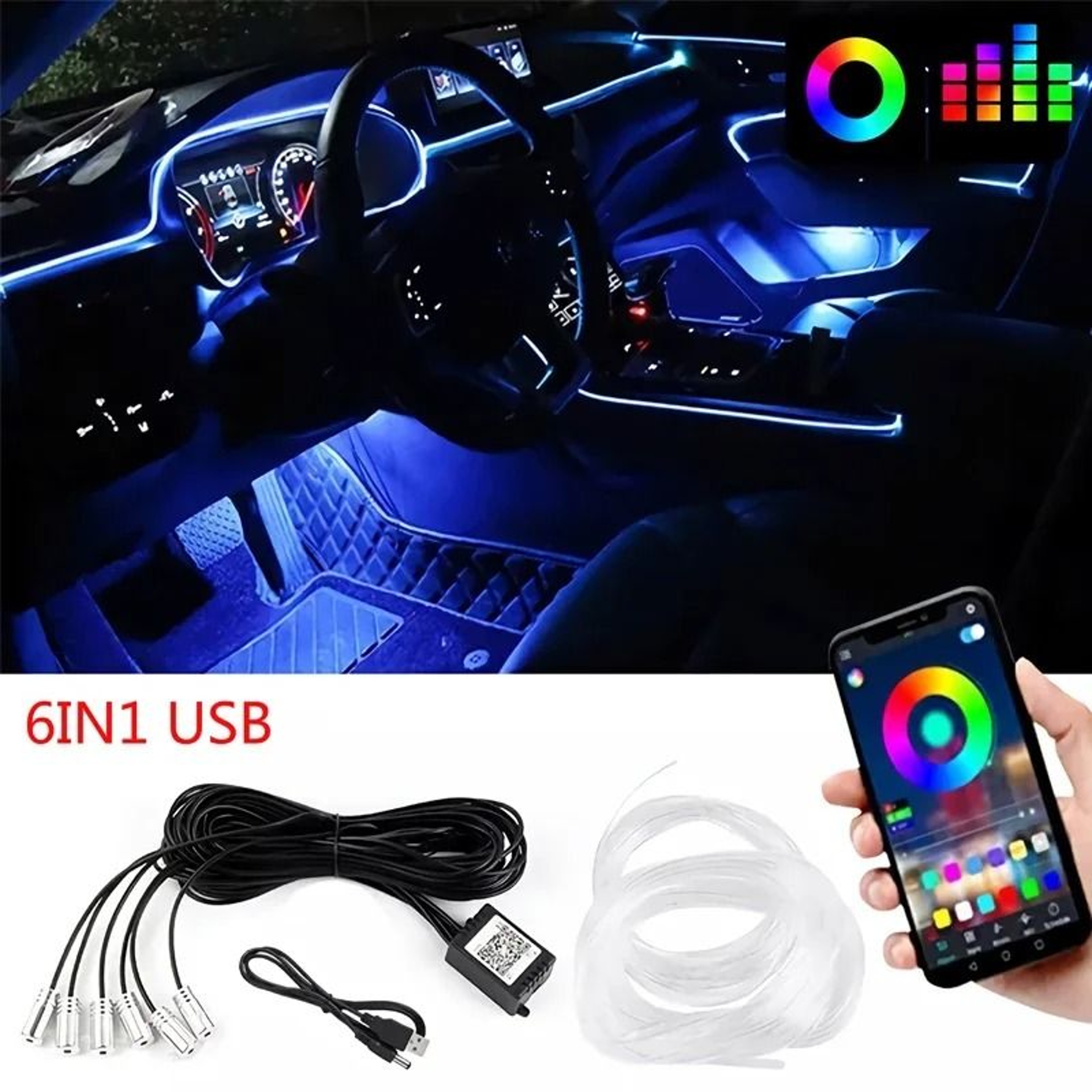Flexible EL Wire Car Interior RGB LED Strip Lights With App Control 15