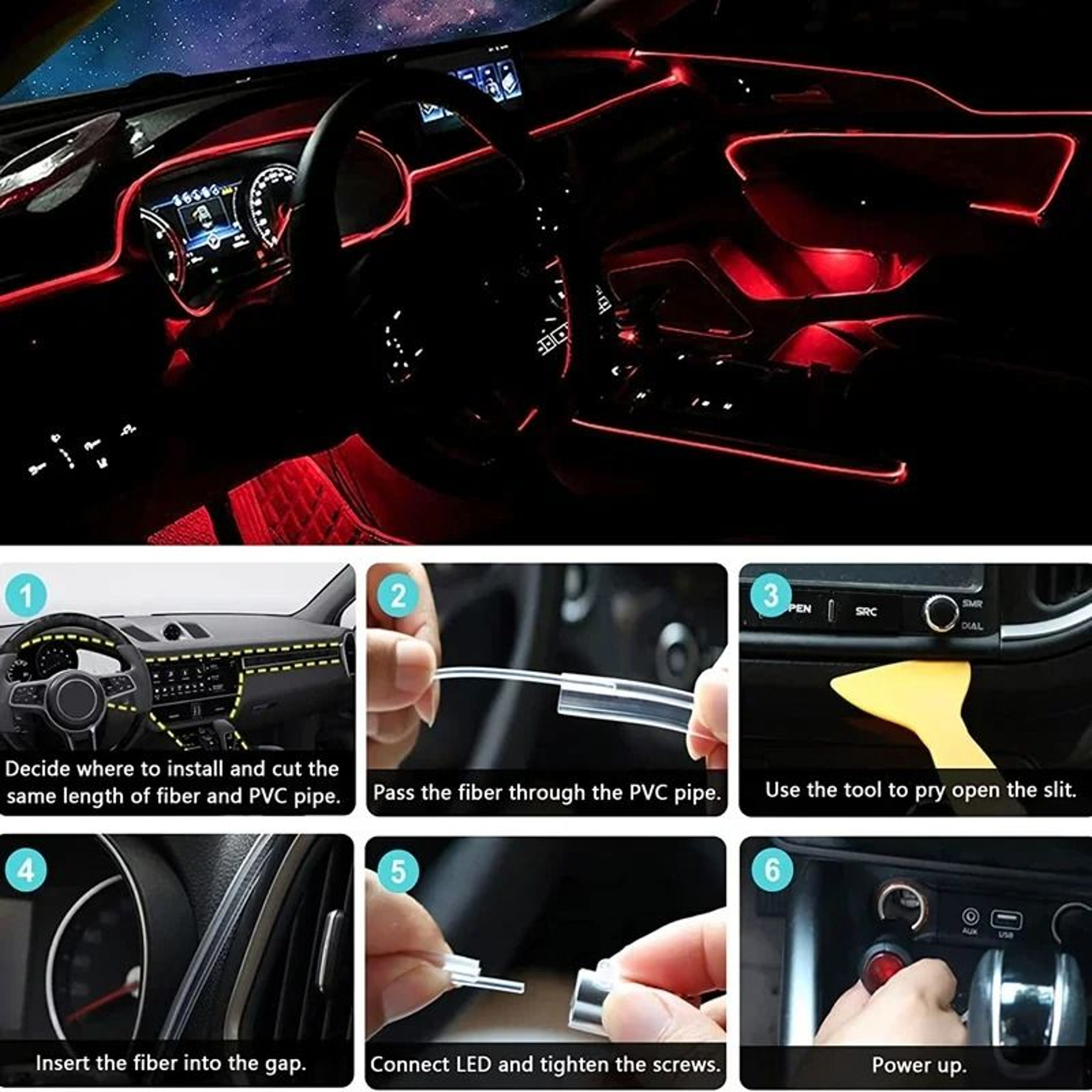 Flexible EL Wire Car Interior RGB LED Strip Lights With App Control 5