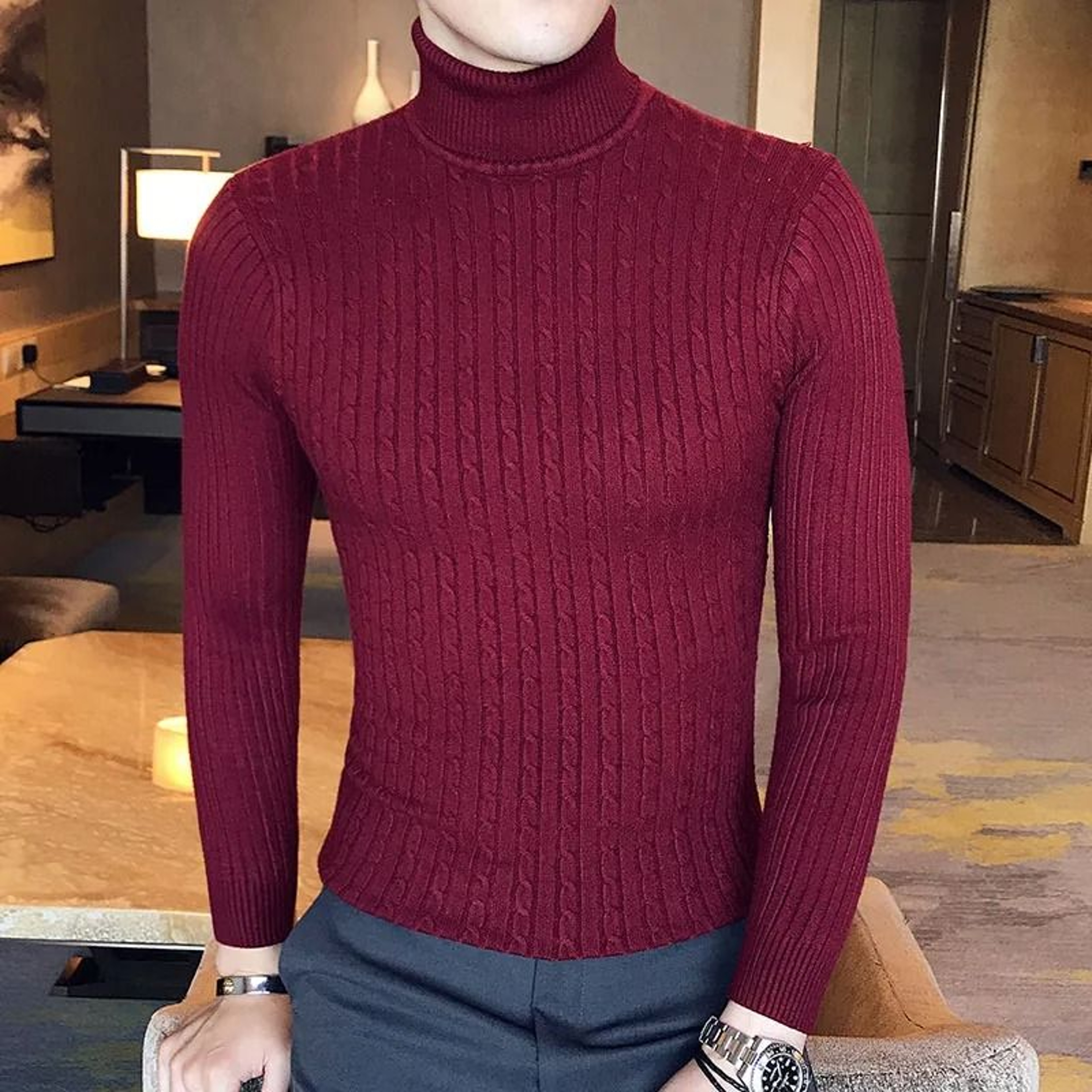 Winter High Neck Thick Warm Sweater Men Slim Fit Pullover Knitwear 2