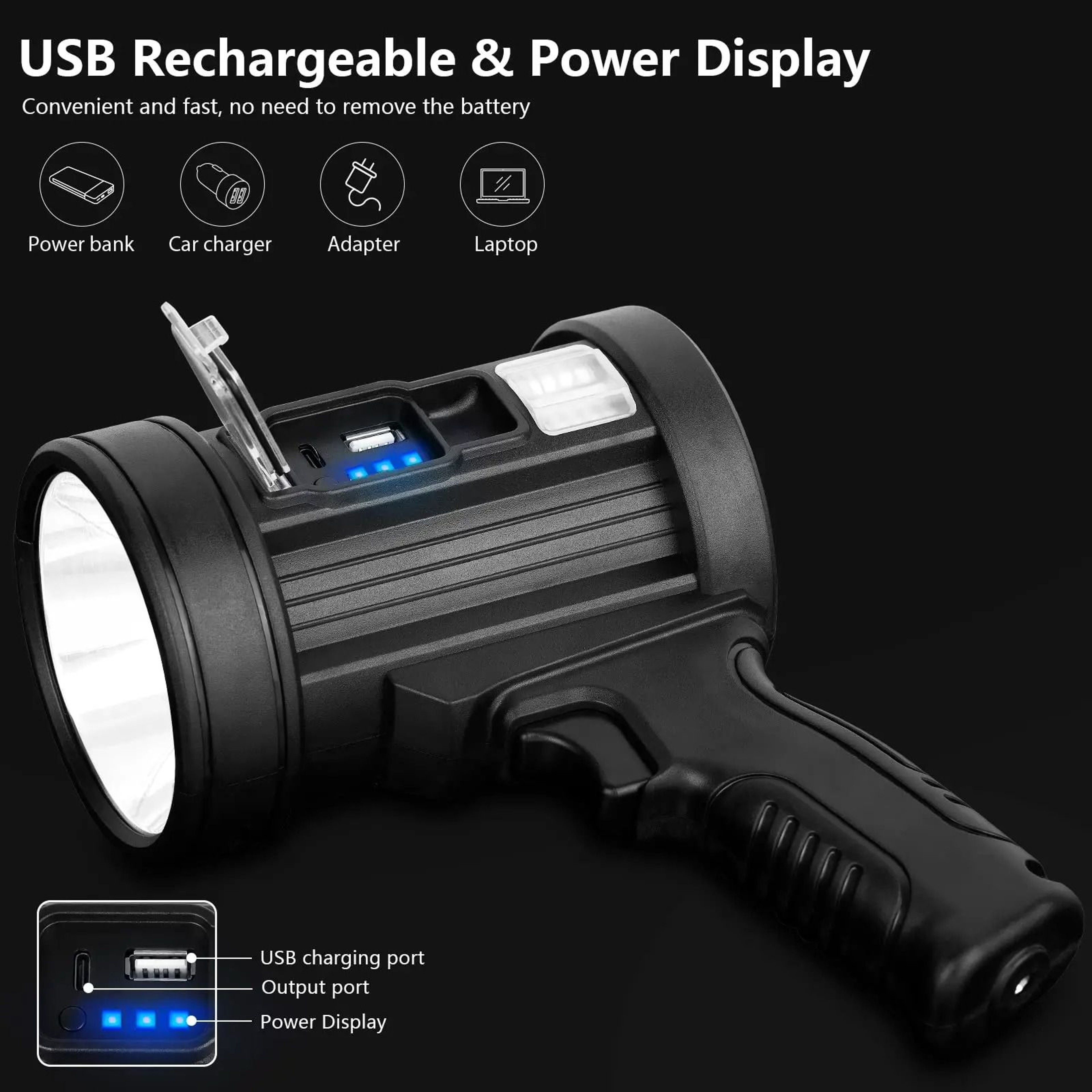 Rechargeable LED Spotlight With Solar Panel And COB Side Light For Camping And Hunting 5