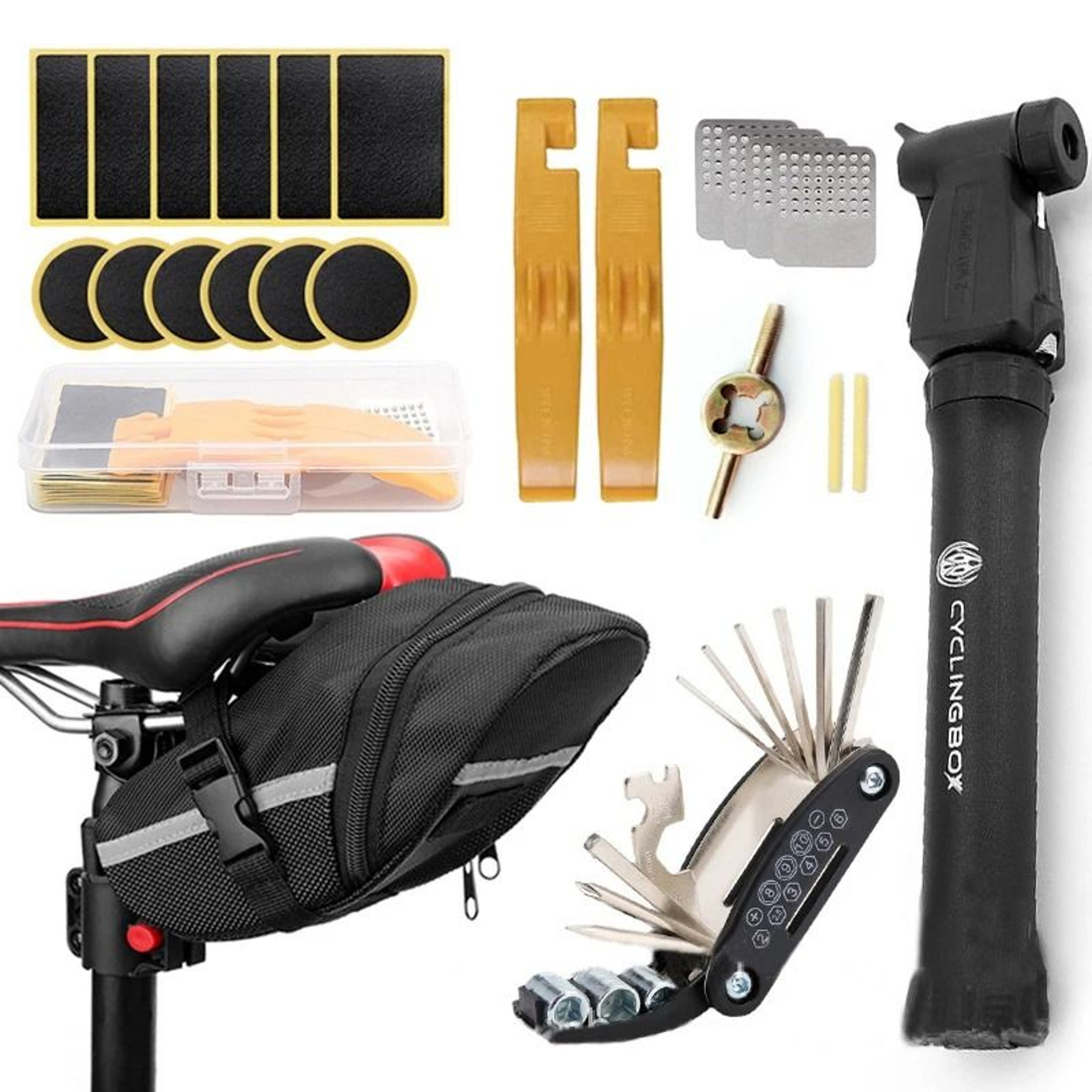 Portable Bicycle Repair Tools Kit With Pump Saddle Bag And Multi Functional Wrench 8