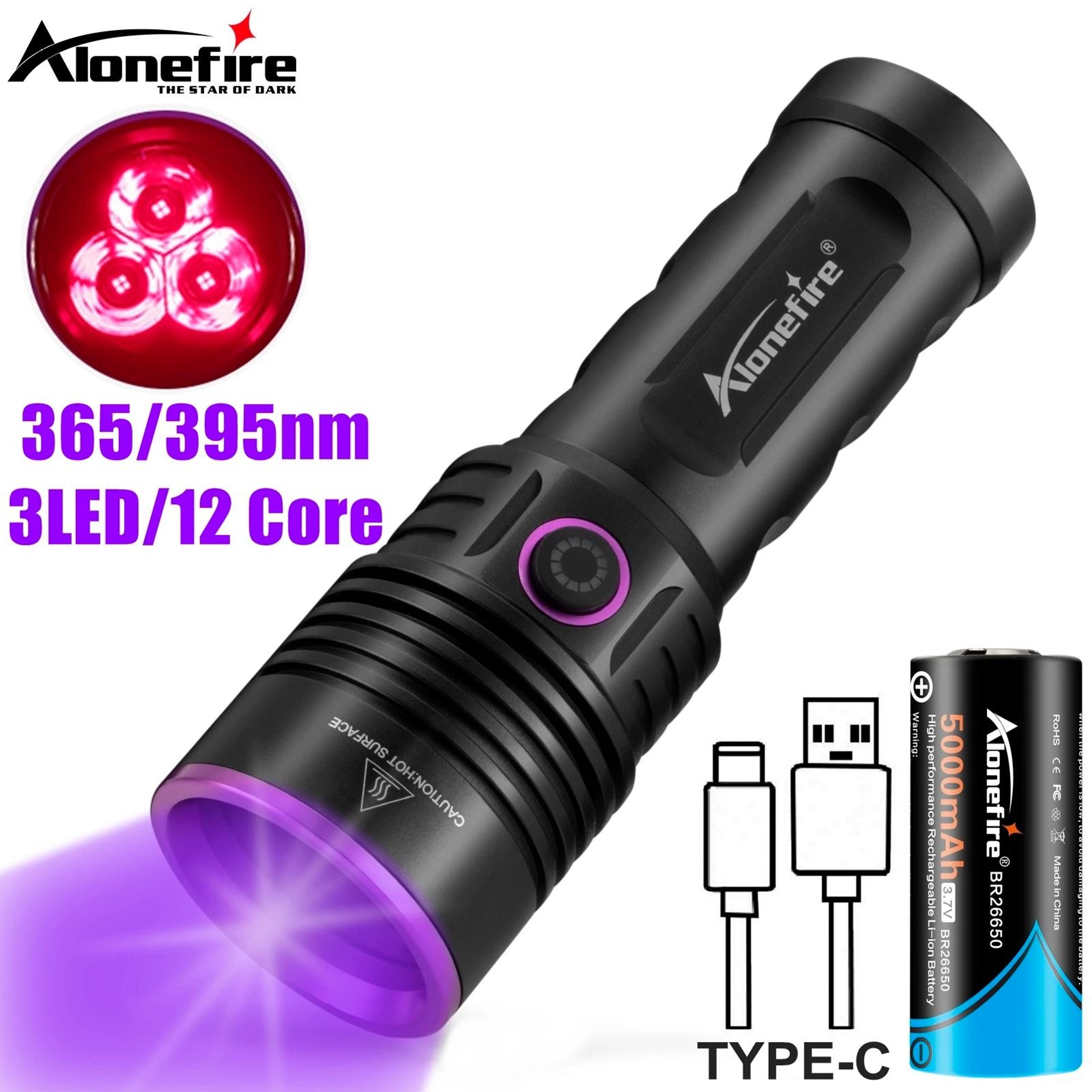 High Power UV Flashlight With Rechargeable Battery And Blacklight Detection 0