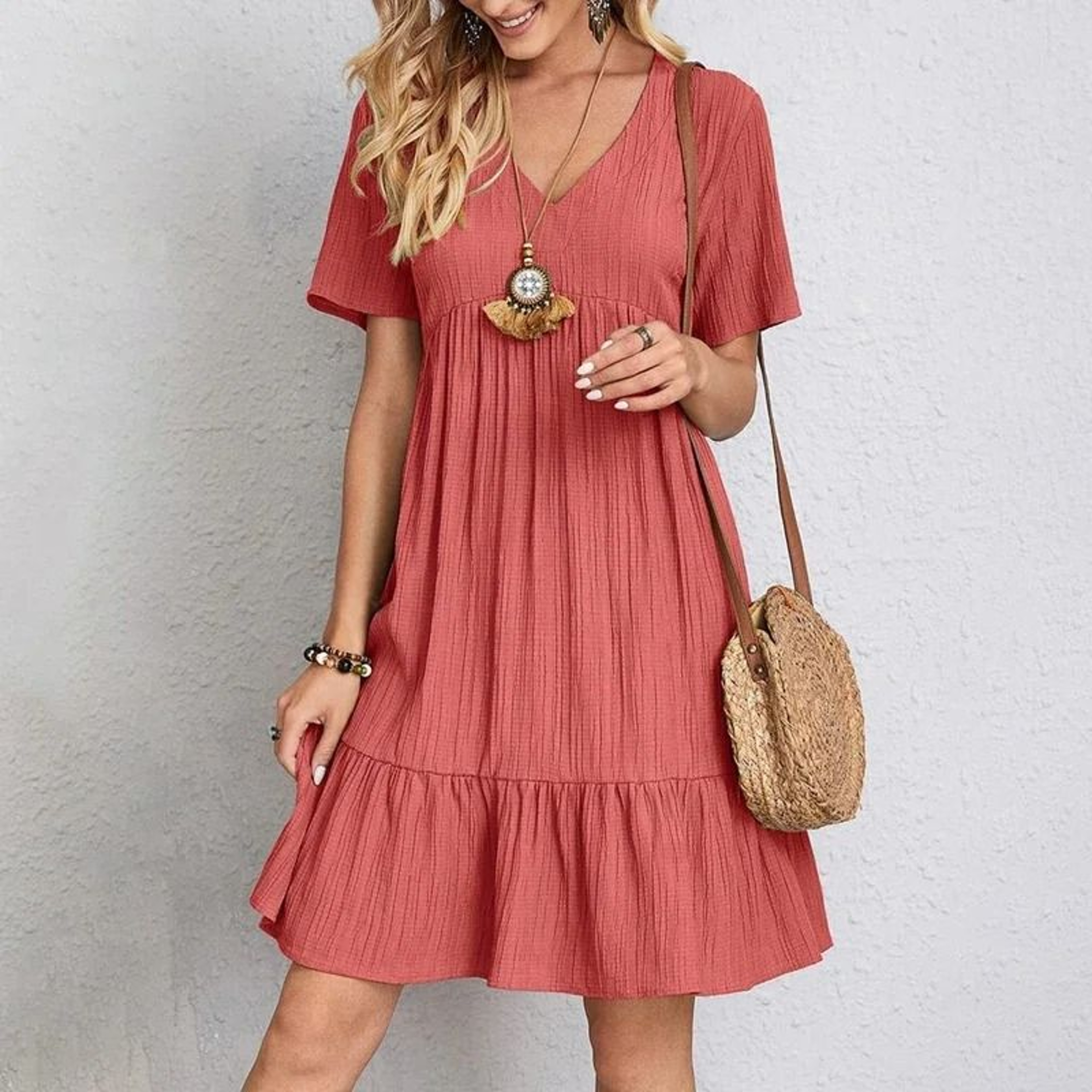 Loose V Neck Short Sleeve Pleated Women Dress Solid Color A Line Beach Dress 5