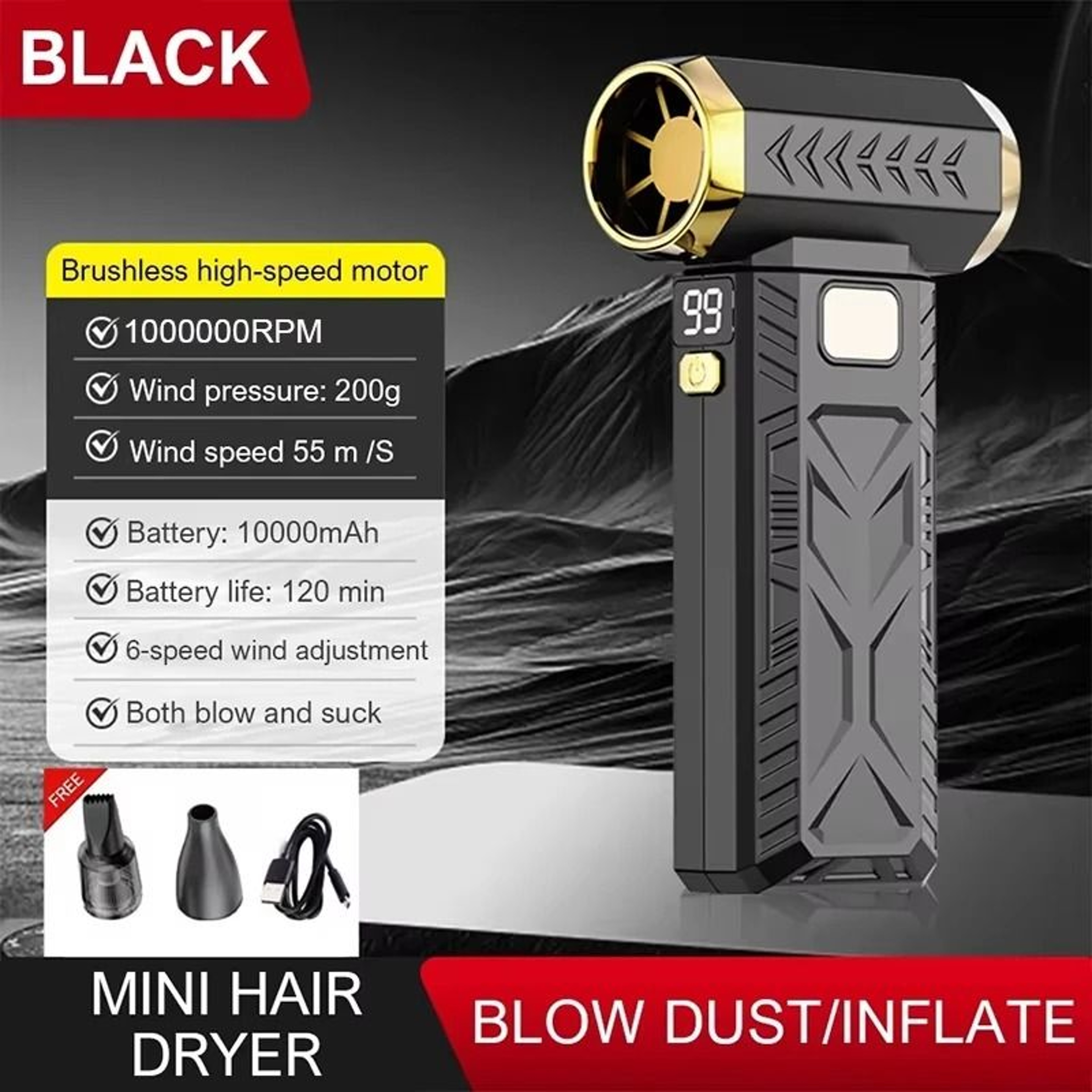 2 In 1 Turbo Air Blower And Vacuum Cleaner With Brushless Motor And LED Display 5