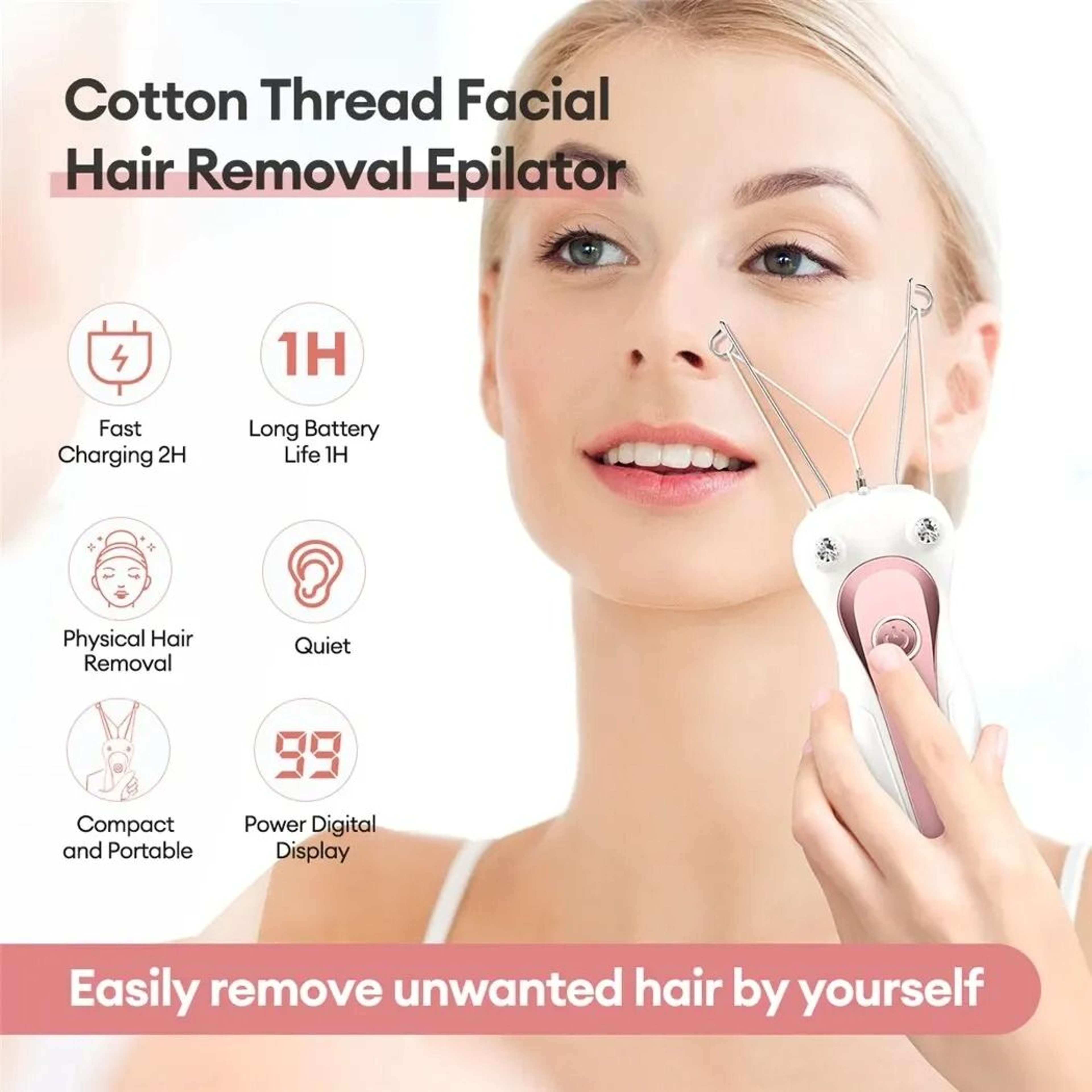 Electric Body Hair Remover Cotton Thread Epilator With Rechargeable Battery And LED Light 2